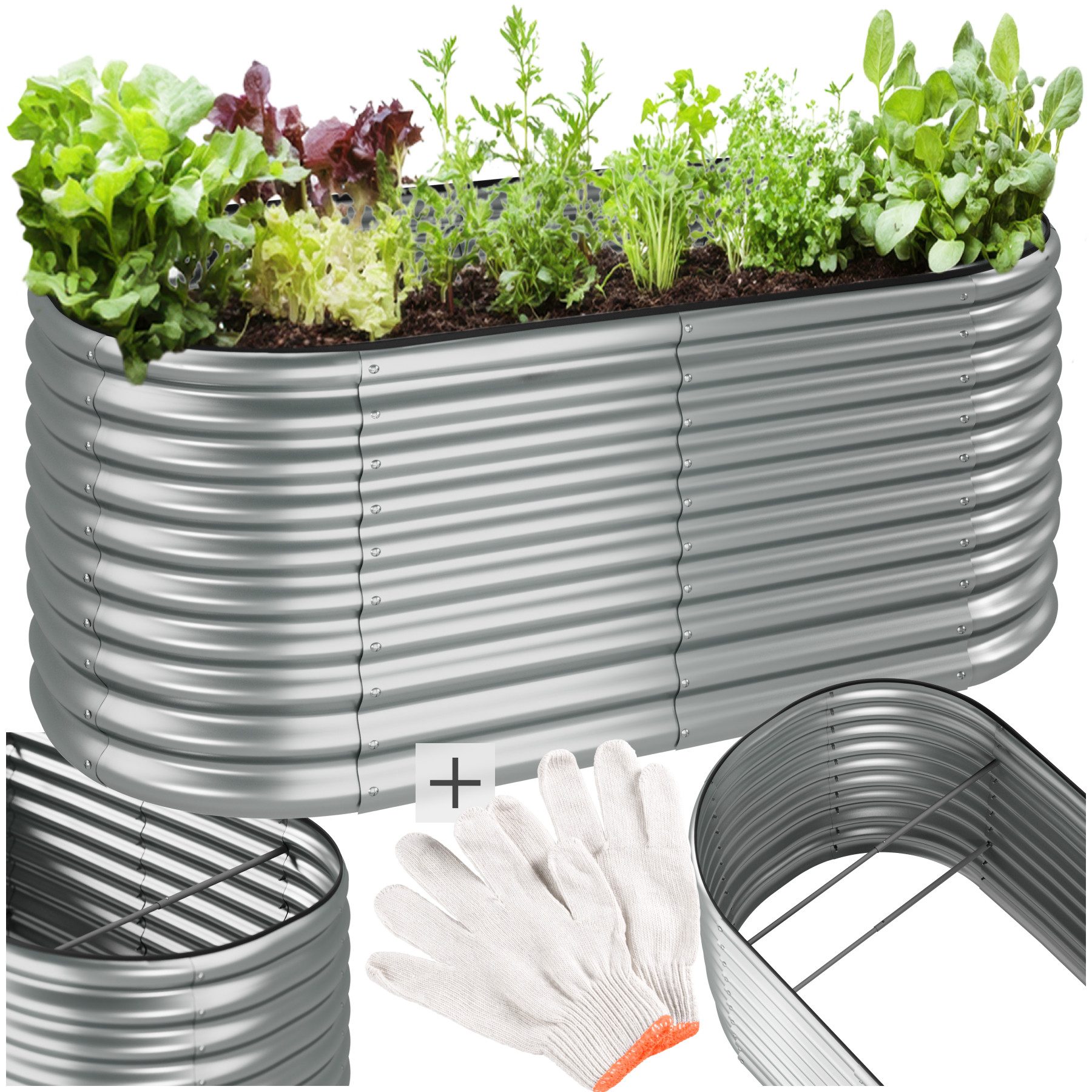tectake Hochbeet Gartenbeet verzinkt 200x100x80 cm, 1257 Liter, wetterfest (Kräuterbeet Flormma, in Silber), Großes Fassungsvermögen für Gemüse und Kräuter, Inkl. Handschuhe