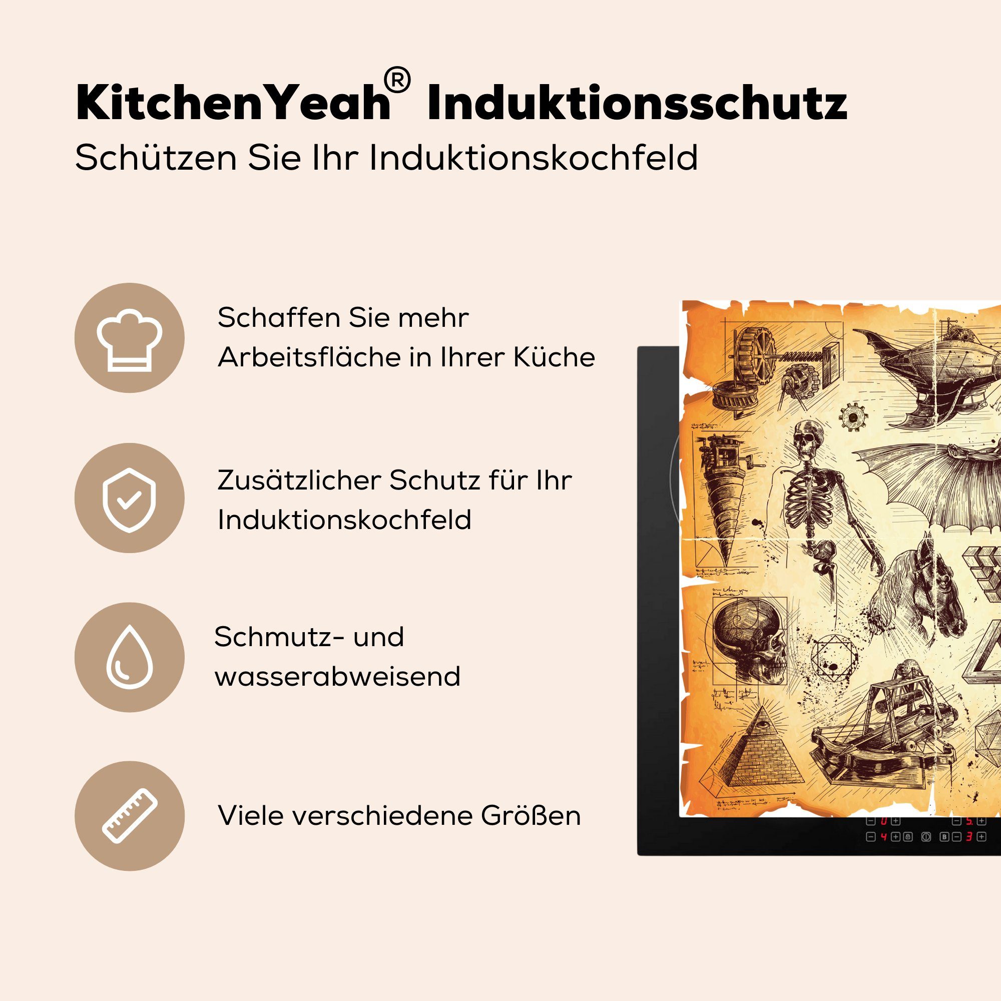 Technische für Herdblende-/Abdeckplatte Ceranfeldabdeckung, 78x78 Vinyl, tlg), küche (1 MuchoWow cm, Skizzen, Arbeitsplatte