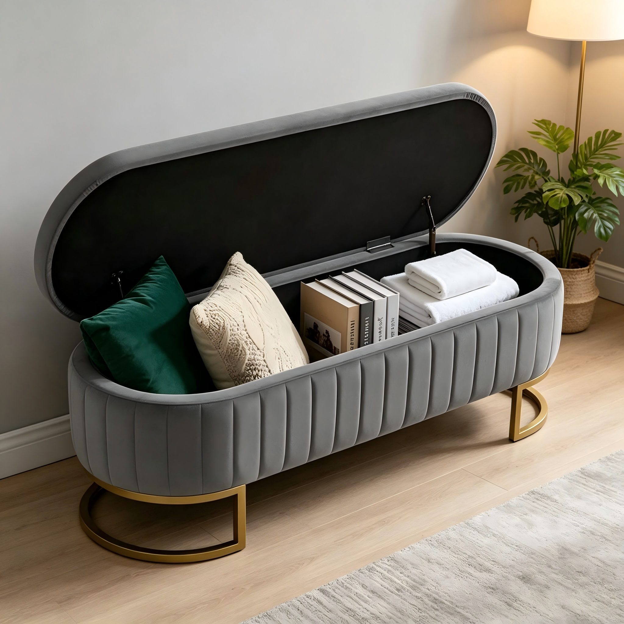 Odikalo Bettbank Schuhbank Fußbank Samtbezug mit Stauraum GoldeneMetallfüße (Samt Bettbank Fensterbank mit Stauraum 130cm Polsterbank Sitztruhe für Schlafzimmer Flur Wohnzimmer)