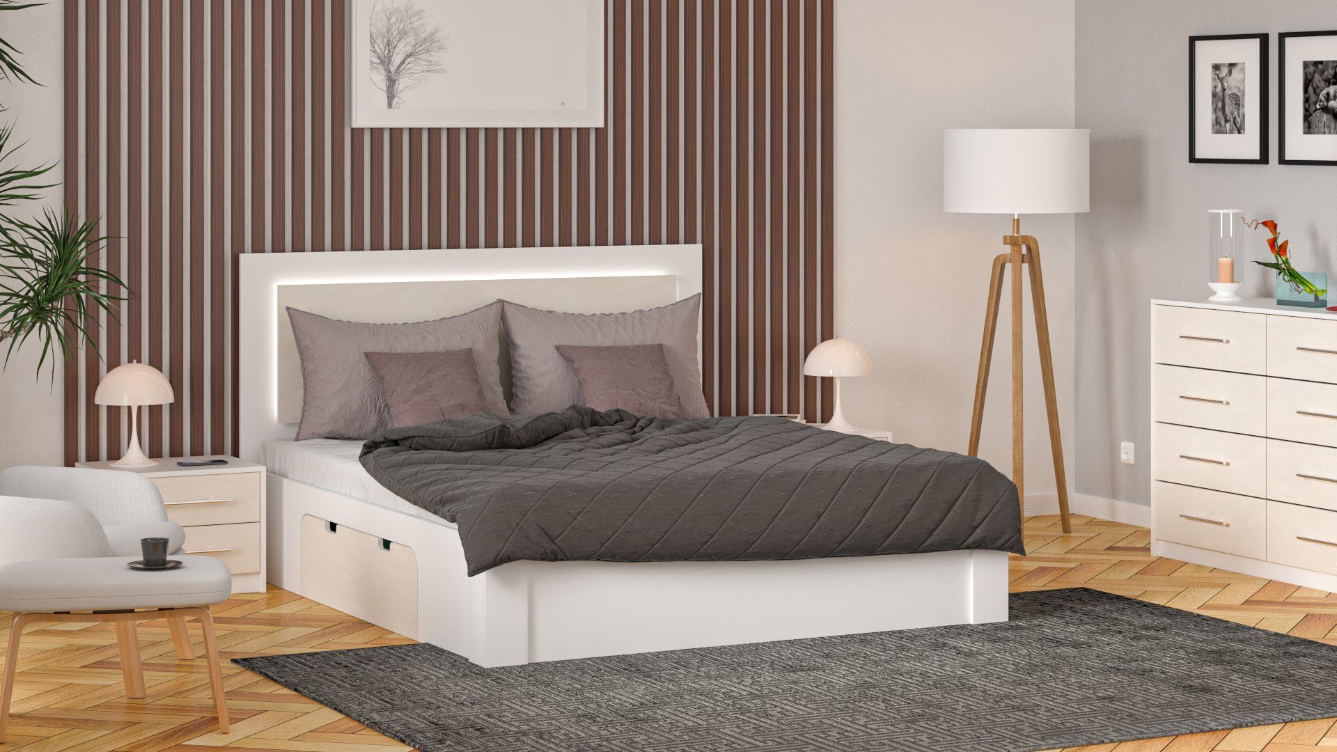 Schublade Modernes - Möbelplatte 200x160 Siblo -, Doppelbetten Doppelbett und Aurora cm LED-Panels - Bett Kopfteil hohem Holzrahmen mit -