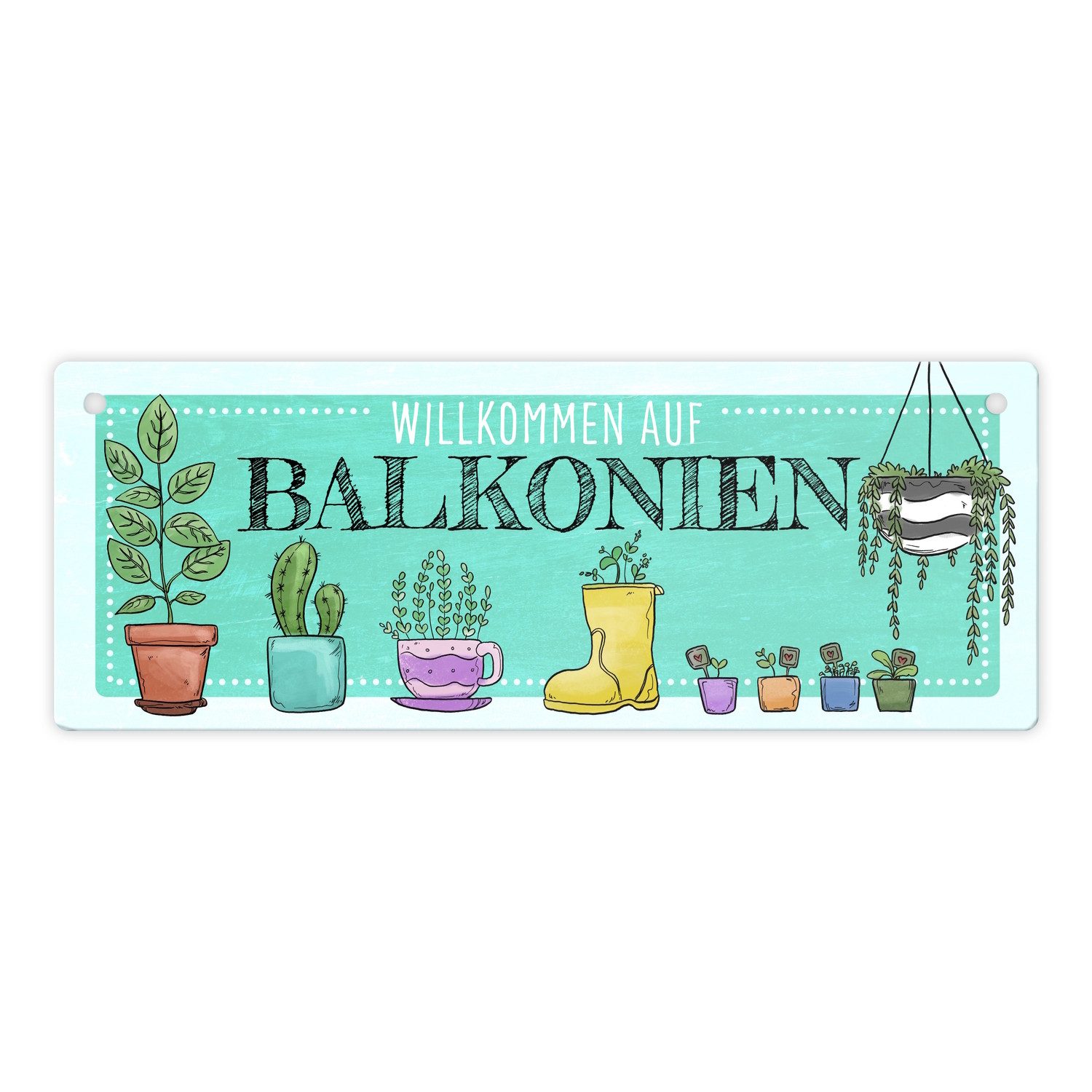 Metallschild Willkommen auf Balkonien Metallschild in türkis