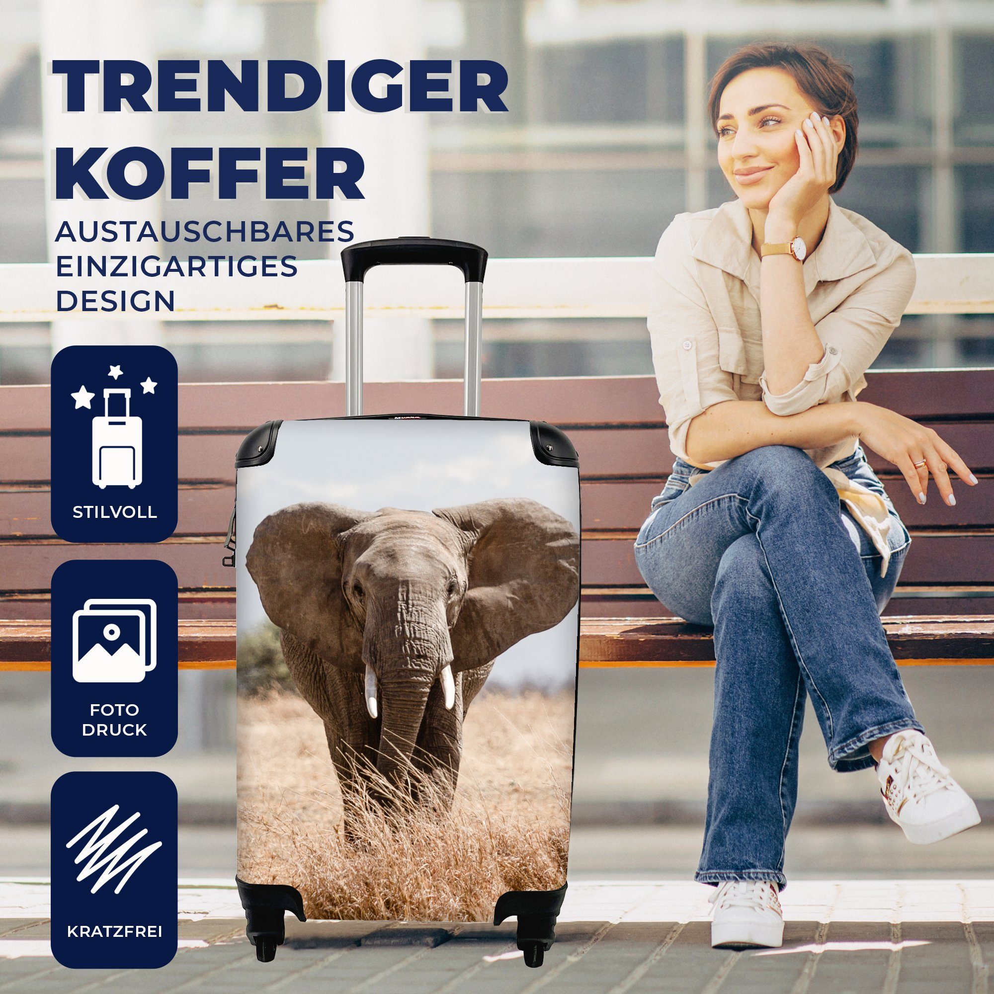 Handgepäckkoffer rollen, Trolley, für - Ferien, Porträt, Elefant Handgepäck Reisekoffer - Tiere 4 mit Natur - Reisetasche MuchoWow Rollen,