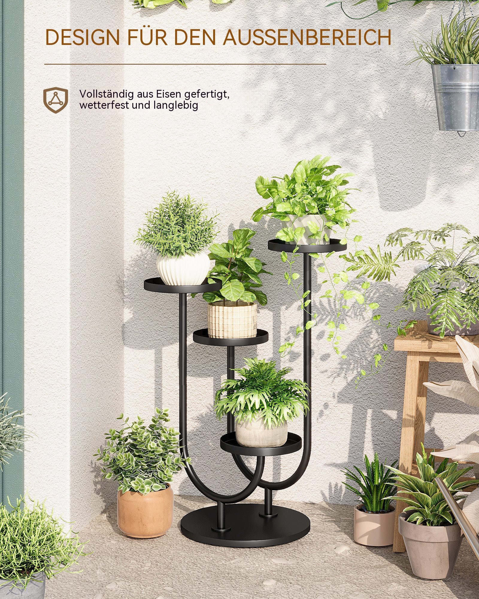 Bamworld Blumenständer Verbesserter Pflanzenständer für Außen & Ecken, Schwarz, 4 Töpfe (1 St), Mittelalter-Modern, Innen/Außen Balkon Wohnzimmer – Bild 4 von 5