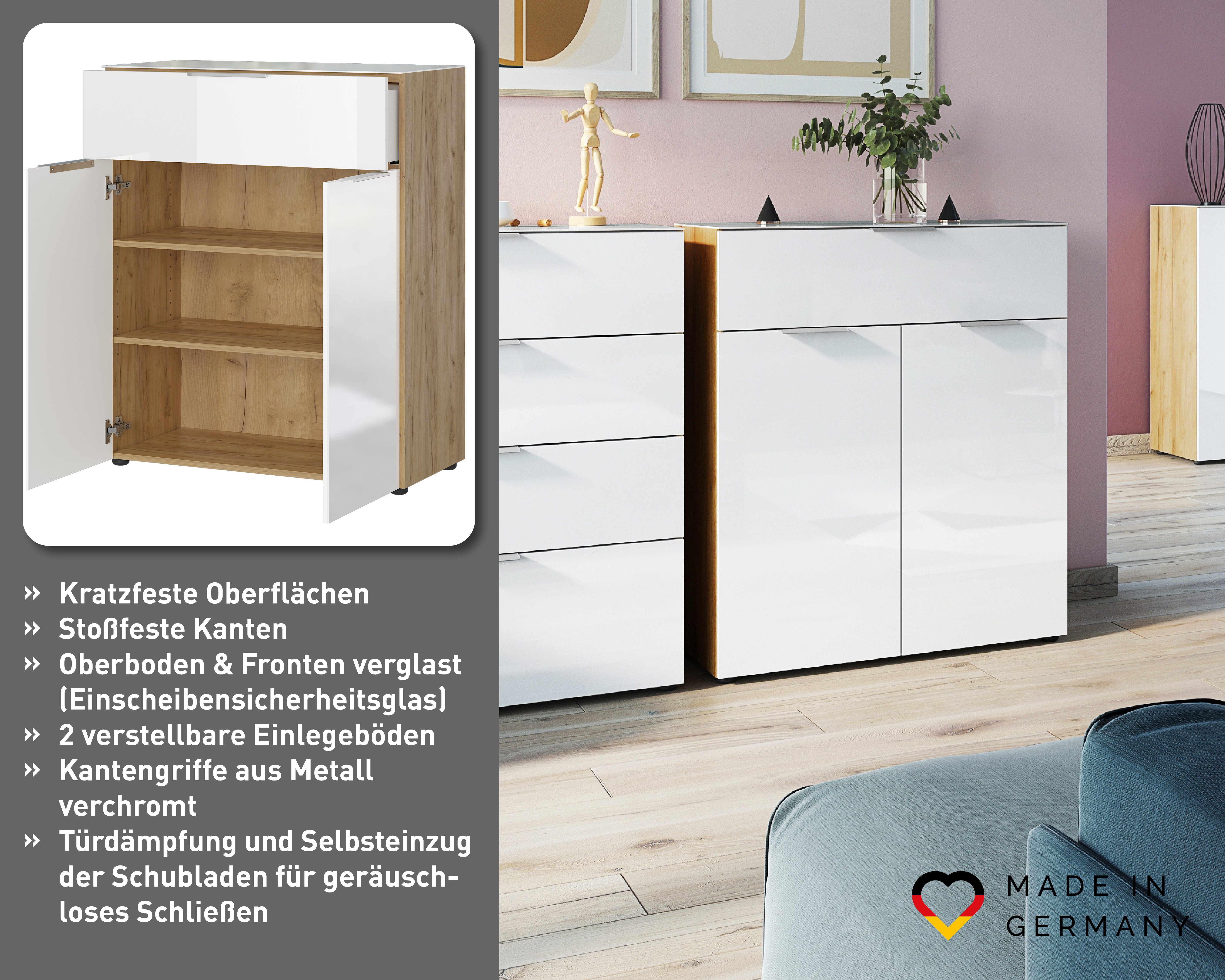 GERMANIA Kombikommode Oakland mit Glasauflagen, Breite 83 cm, mit Schubladen, in vers. Varianten