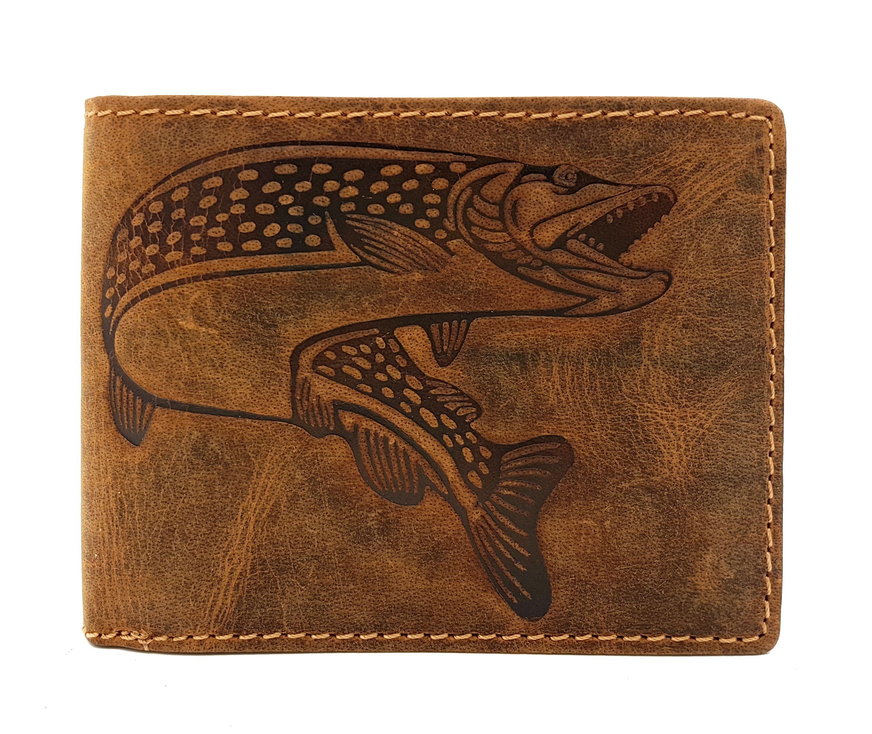 und Geldbörse RFID Fischer Portemonnaie schönes Angler Schutz, mit echt JOCKEY CLUB Hecht Cognac Leder für Geschenk