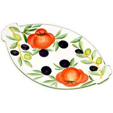 Lashuma Servierplatte Tomate Olive, Keramik, (1-tlg., 25 x 15 cm), Handbemalte Obstplatte oval mit Relief Dekor