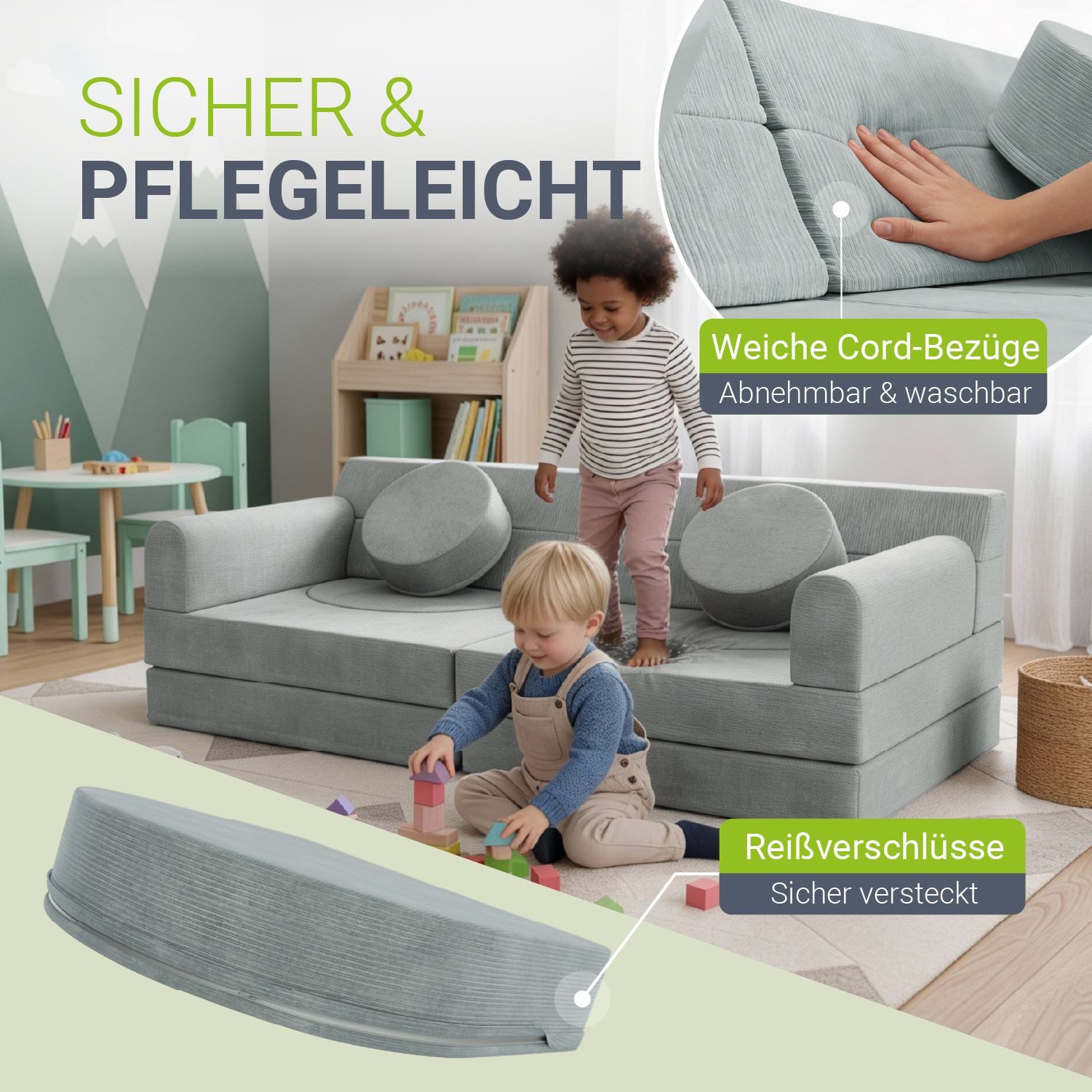 Juskys Kindersofa Kayo, 12 Teile, Modulares Spielsofa, Waschbare Cord-Bezüge, 12-teiliges Set mit Kissen