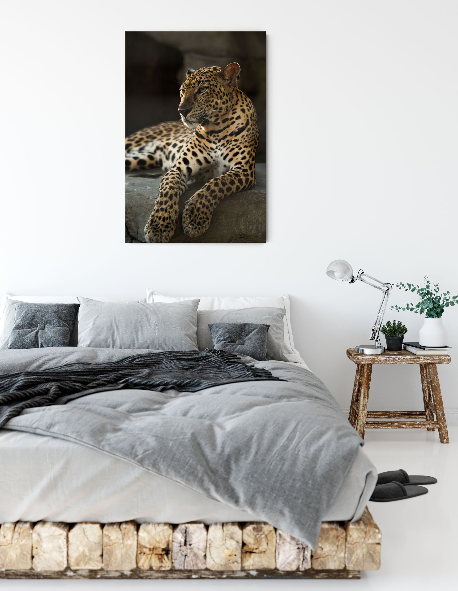 Pixxprint Leinwandbild Majestätischer Zackenaufhänger fertig St), (1 Leopard Majestätischer Leopard, inkl. Leinwandbild bespannt