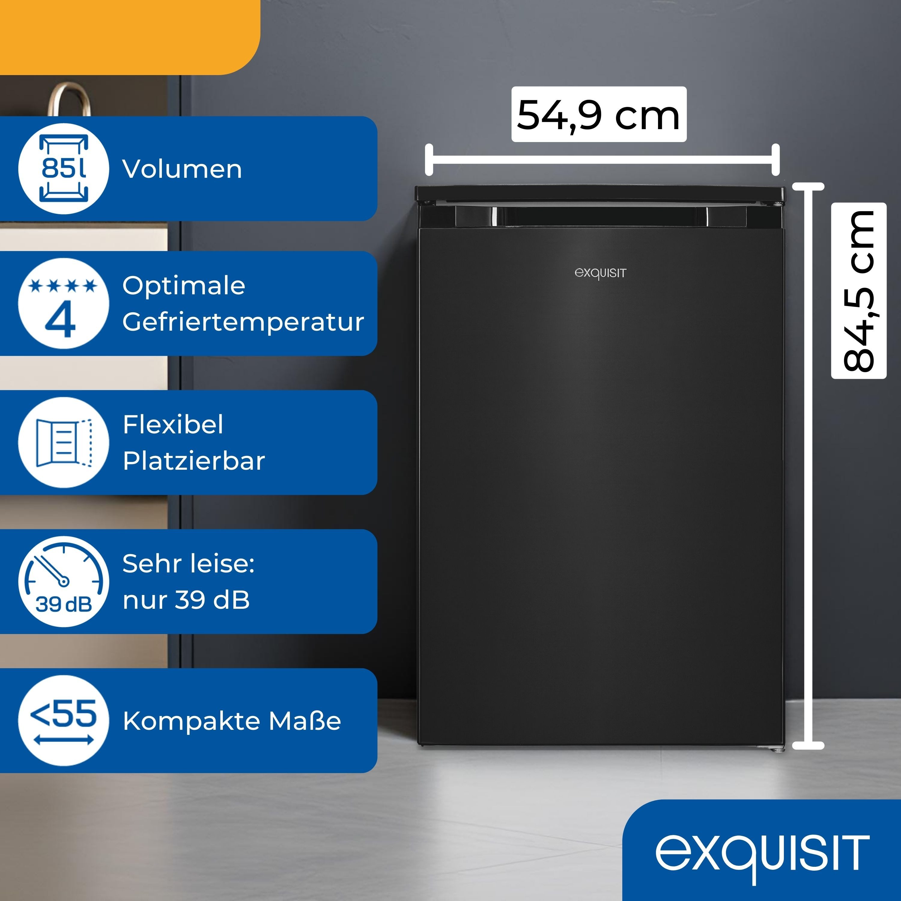 exquisit Gefrierschrank GS581-051C, 845 cm hoch, 549 cm breit, 85 Liter, 4-Sterne-Gefrieren, 39 dB, Türanschlag wechselbar, EEK: C