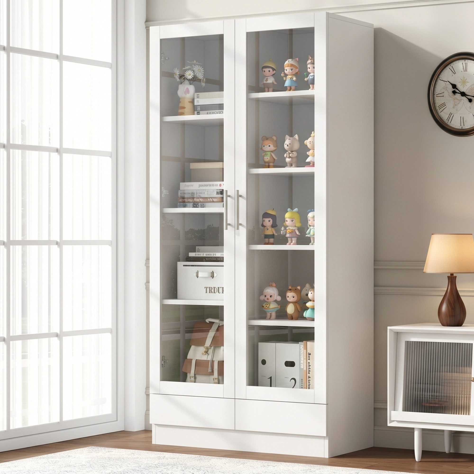 Flieks Glasvitrine Bücherregal mit 2 Glastüren und Schubladen (80x40x160 cm, 1-St) Hochschrank Aktenschrank Mehrzweckschrank mit 9 Fächern Weiß