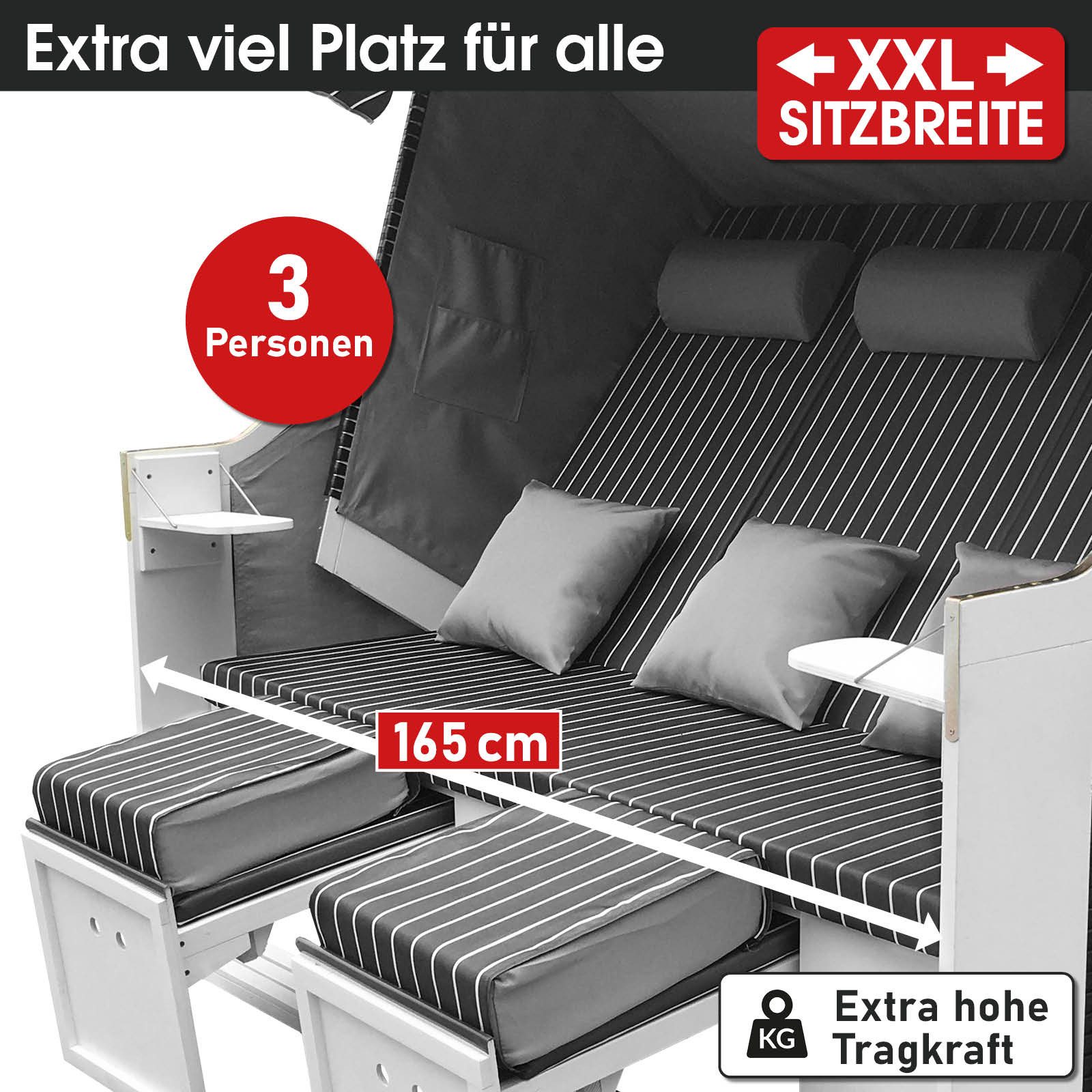 BRAST Strandkorb für 3 Personen, 120cm breit, 5 Designs, BxTxH: 165x79x150 cm, Volllieger, Strandkorb 3Sitzer Usedom, incl. wetterfeste Abdeckhaube verstellbare Rückenlehne Fußkissen