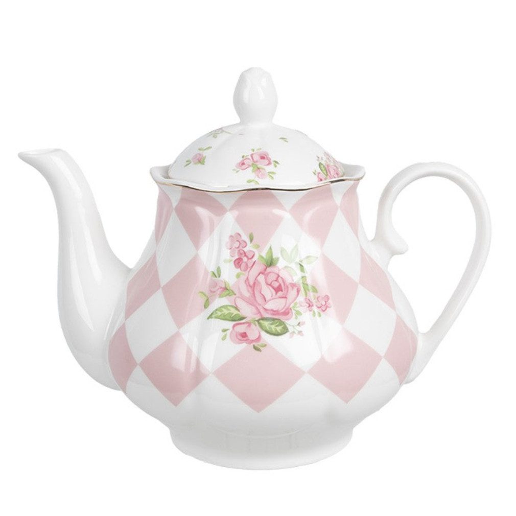 Clayre & Eef Teekanne Vintage Teekanne rosa-weiß mit Rosen romantisch 1000 ml, Vintage Teekanne rosa-weiß mit Rosen romantisch 1000 ml