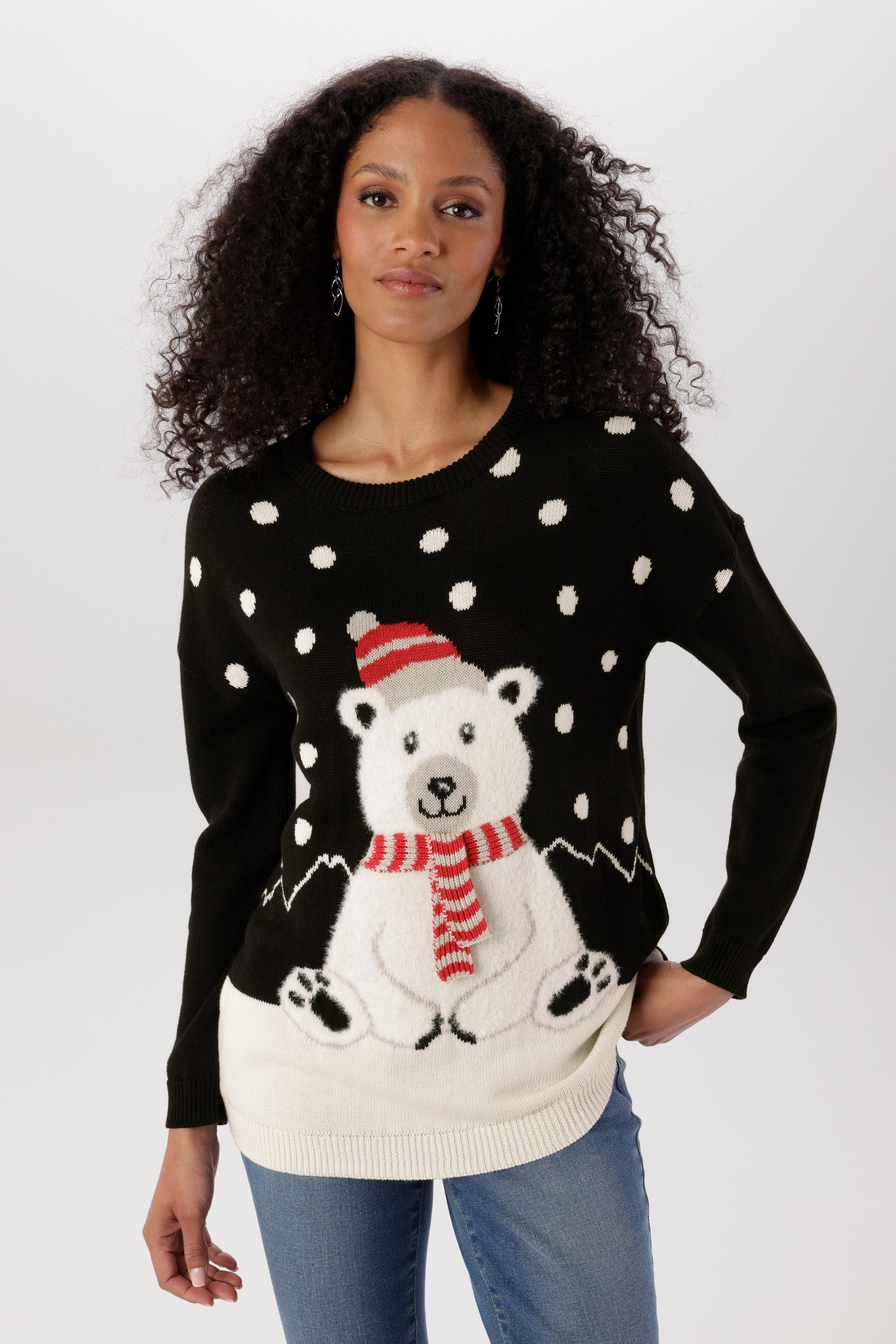 Aniston SELECTED Weihnachtspullover mit witzigen Eisbär und aufgenähtem Schal - NEUE KOLLEKTION. € 39,99