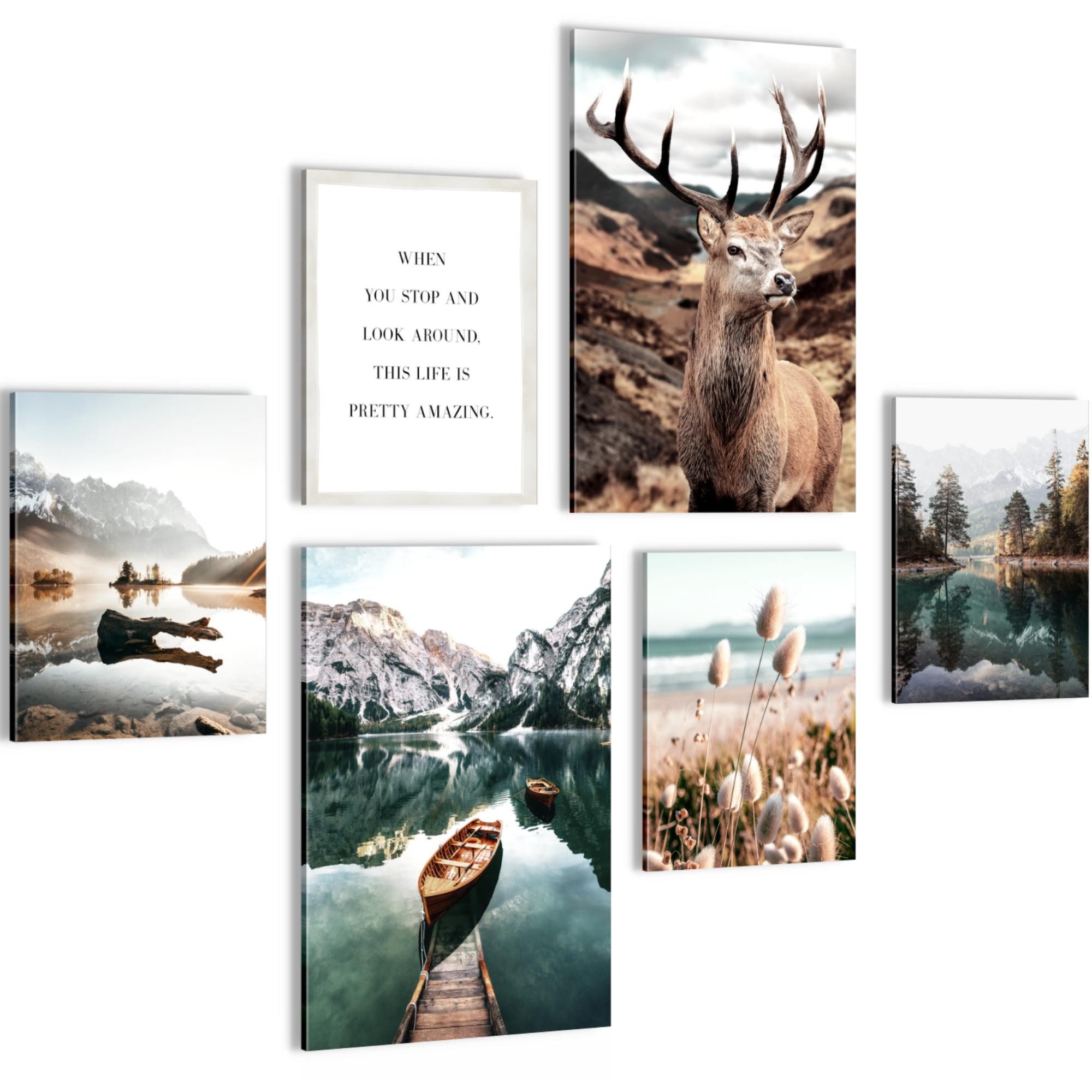 Novart Wandbild Wald Hirsch Natur Berge Bilderset Wohnzimmer Schlafzimmer Deko, (6 St)