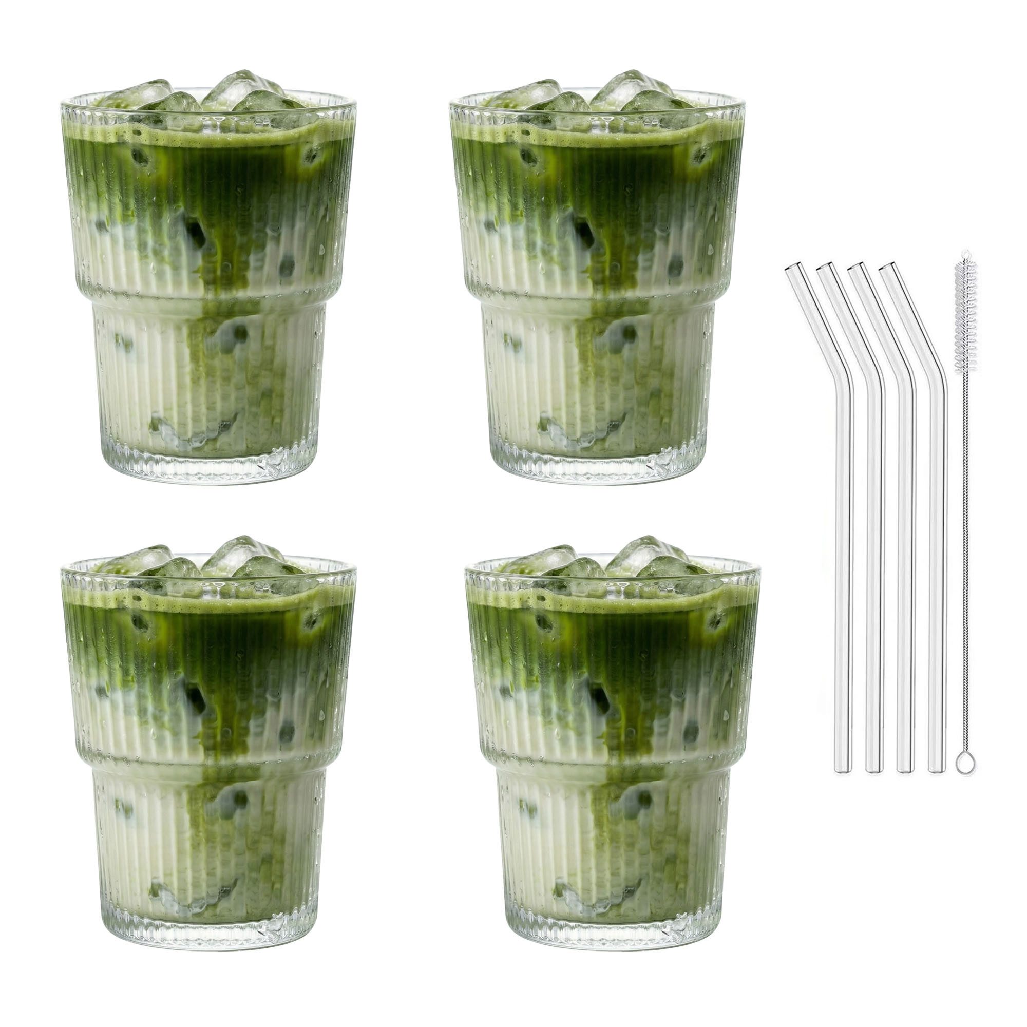mixed24 Gläser-Set 4er Set Geriffelte Gläser 350ml inkl. Glashalm, ideal für Iced Matcha Latte, Latte Macchiato, Cocktails, Smoothies