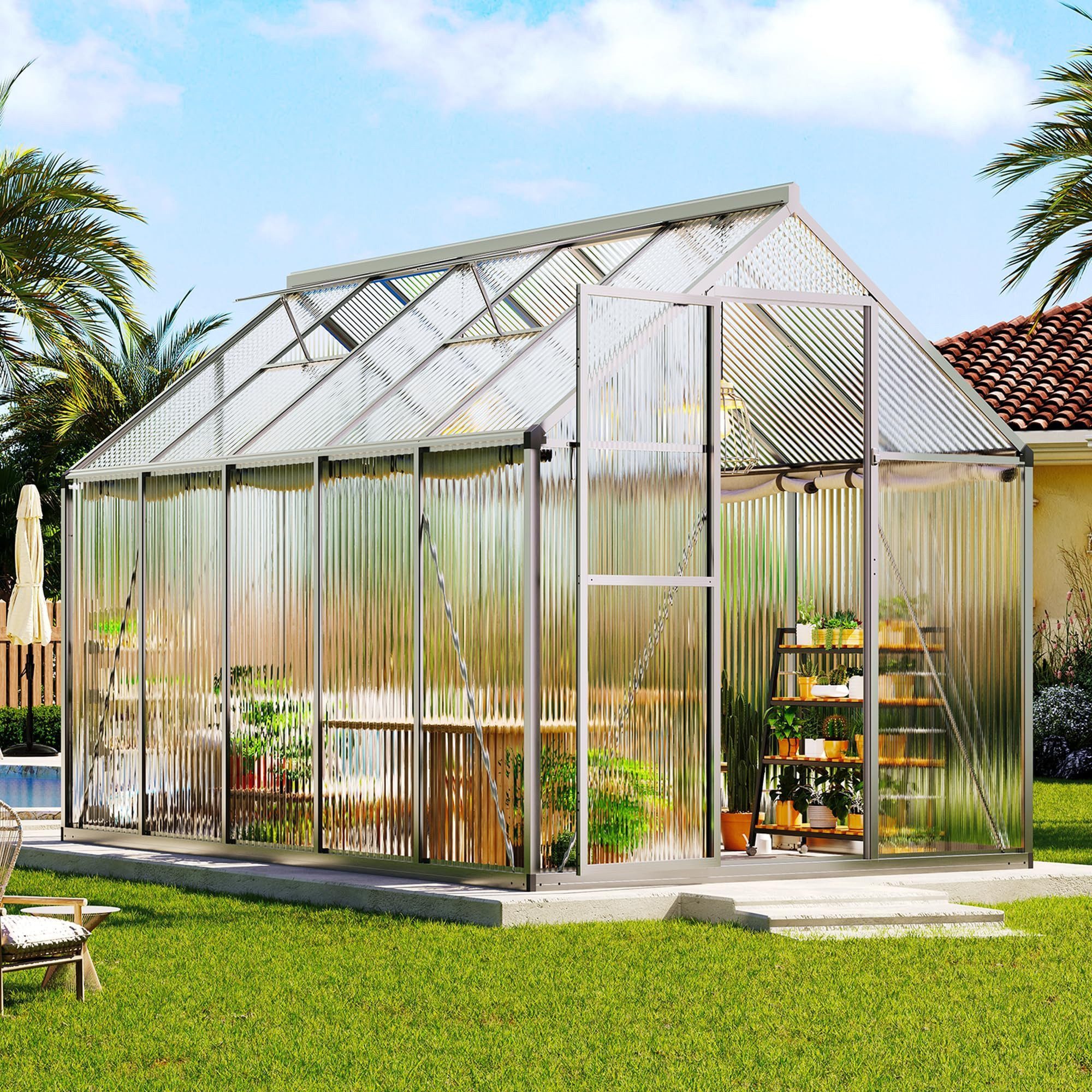 AMERLIFE Gewächshaus mit Schnellmontage & Aluminiumrahmen, 2 Belüftungsfenster, BxTxH: 303 x 181 x 195 cm, 181×303×195 cm, 10 m³ Volumen, UV-beständig & wetterfest