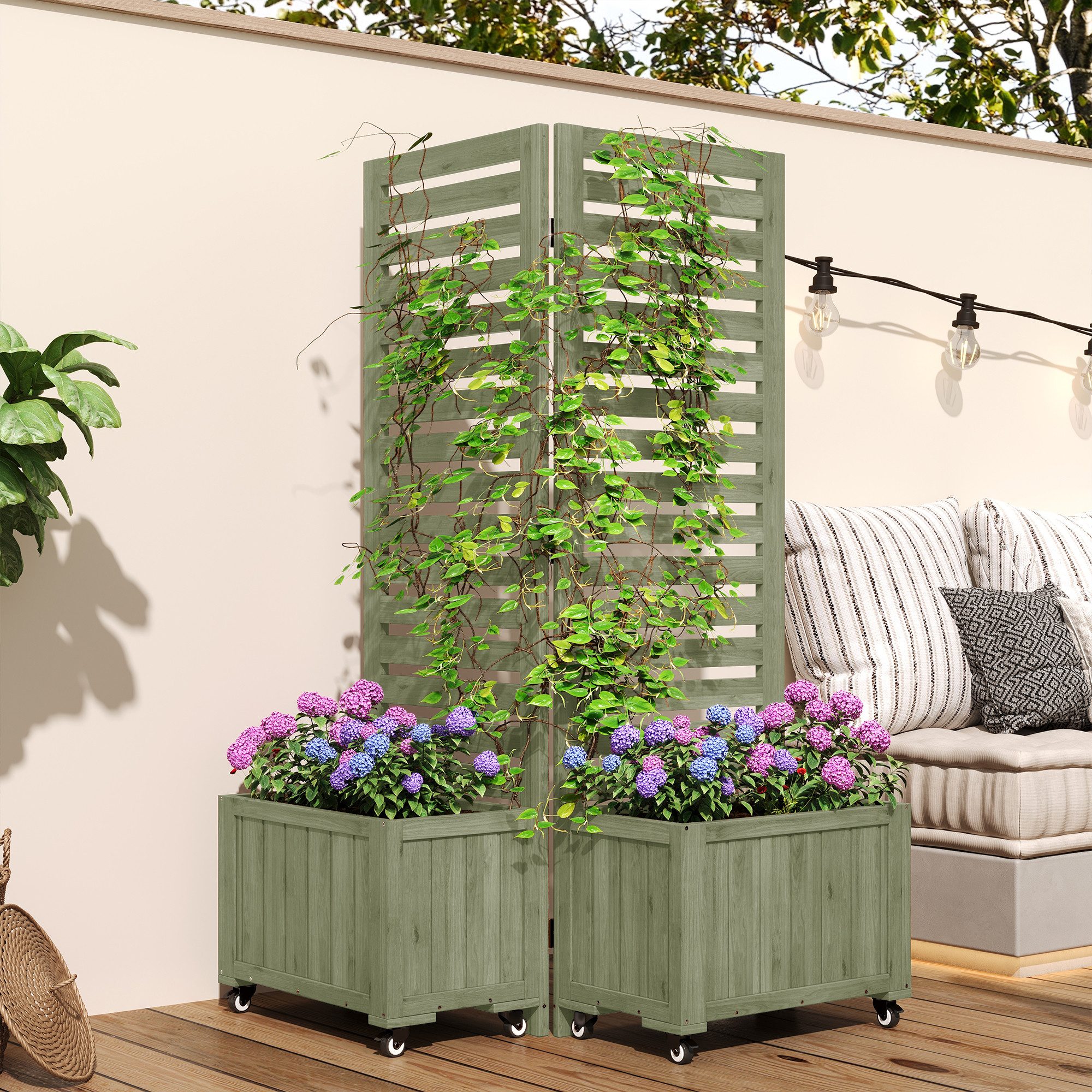 Celya Blumenkasten Pflanzkübel, Outdoo Pflanzgefäß mit Spalier als Kletterhilfe (Mit Klapp- und Universalrädern, Grün), Blumenkasten Pflanzkasten, Geeignet für Garten, Hof und Terrasse