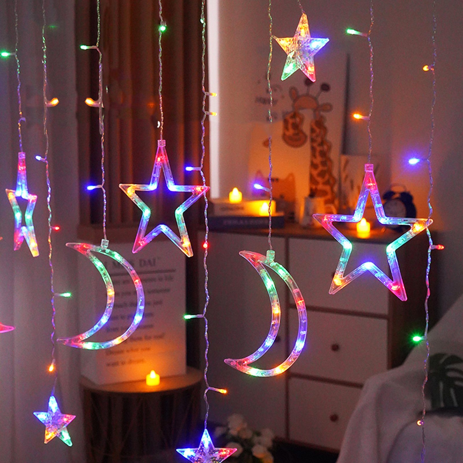 Rosnek LED-Lichtervorhang 3M 120LEDs, Stern Mond, wasserdicht, für Party Ramadan Weihnachten, Schlafzimmer Camping Zelt Deko; batterie Mehrfarbig