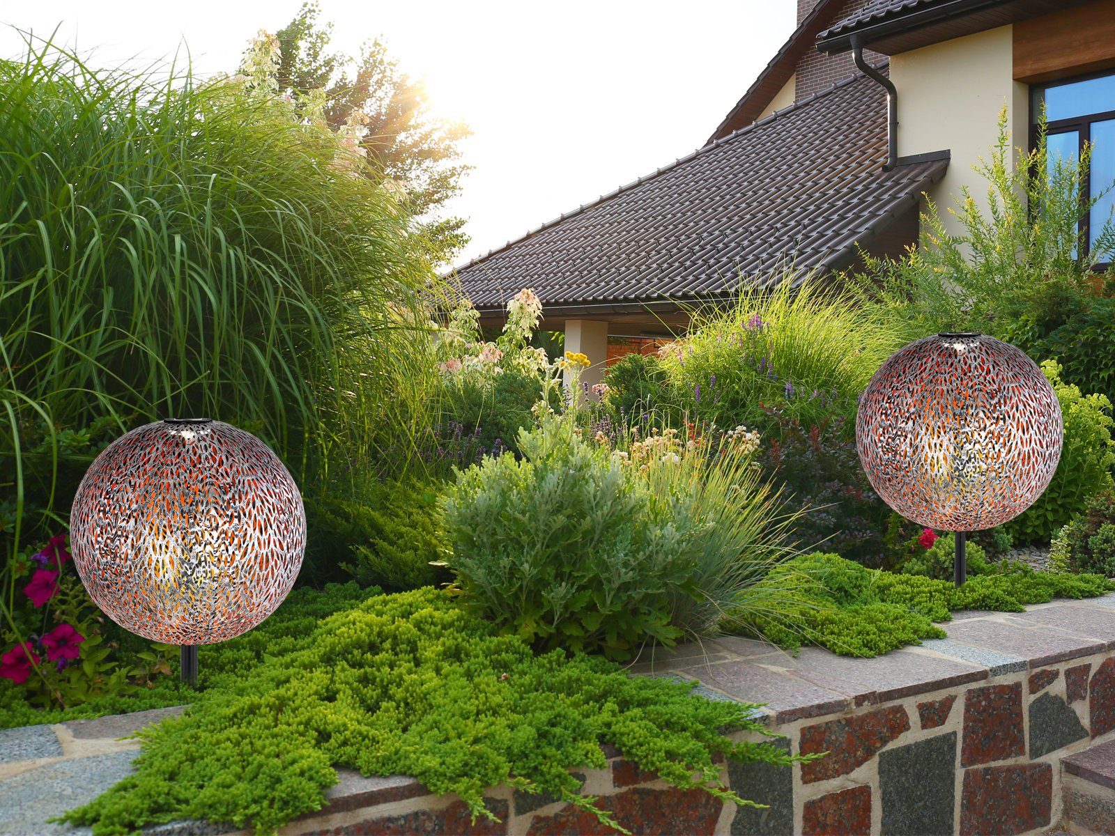 GLOBO LIGHTING LED Solarleuchte, LED fest integriert, Warmweiß, 2er Set ausgefallene Leuchtkugeln Solar-lichter Garten & Balkon, Ø27cm