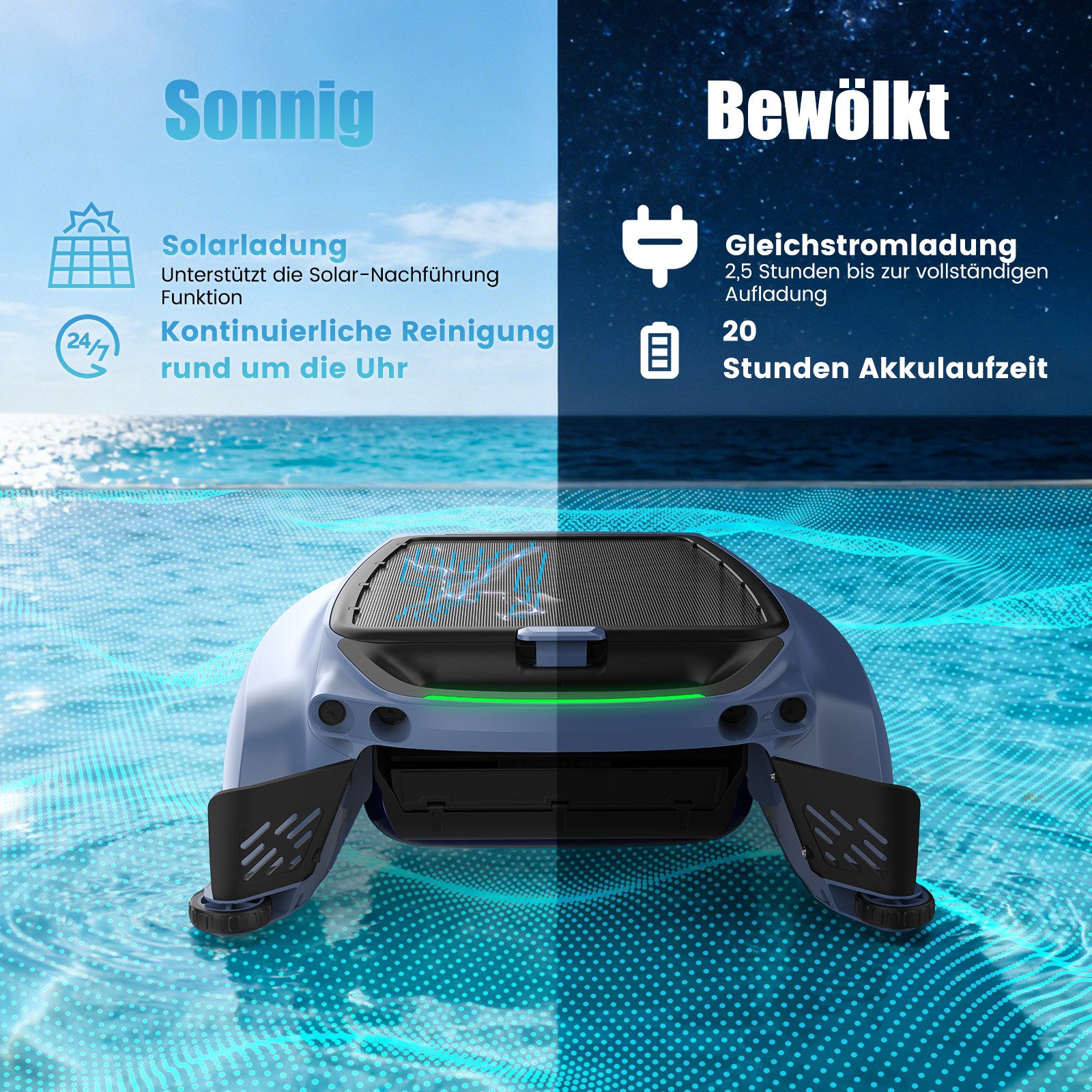AIRROBO Poolroboter SP200 Solar Skimmer Roboter Poolreiniger, (Packung, 2-St., automatische Oberflächenreinigung, Hinderniserkennung), zwei Ladeoptionen, App-Steuerung rund um die Uhr