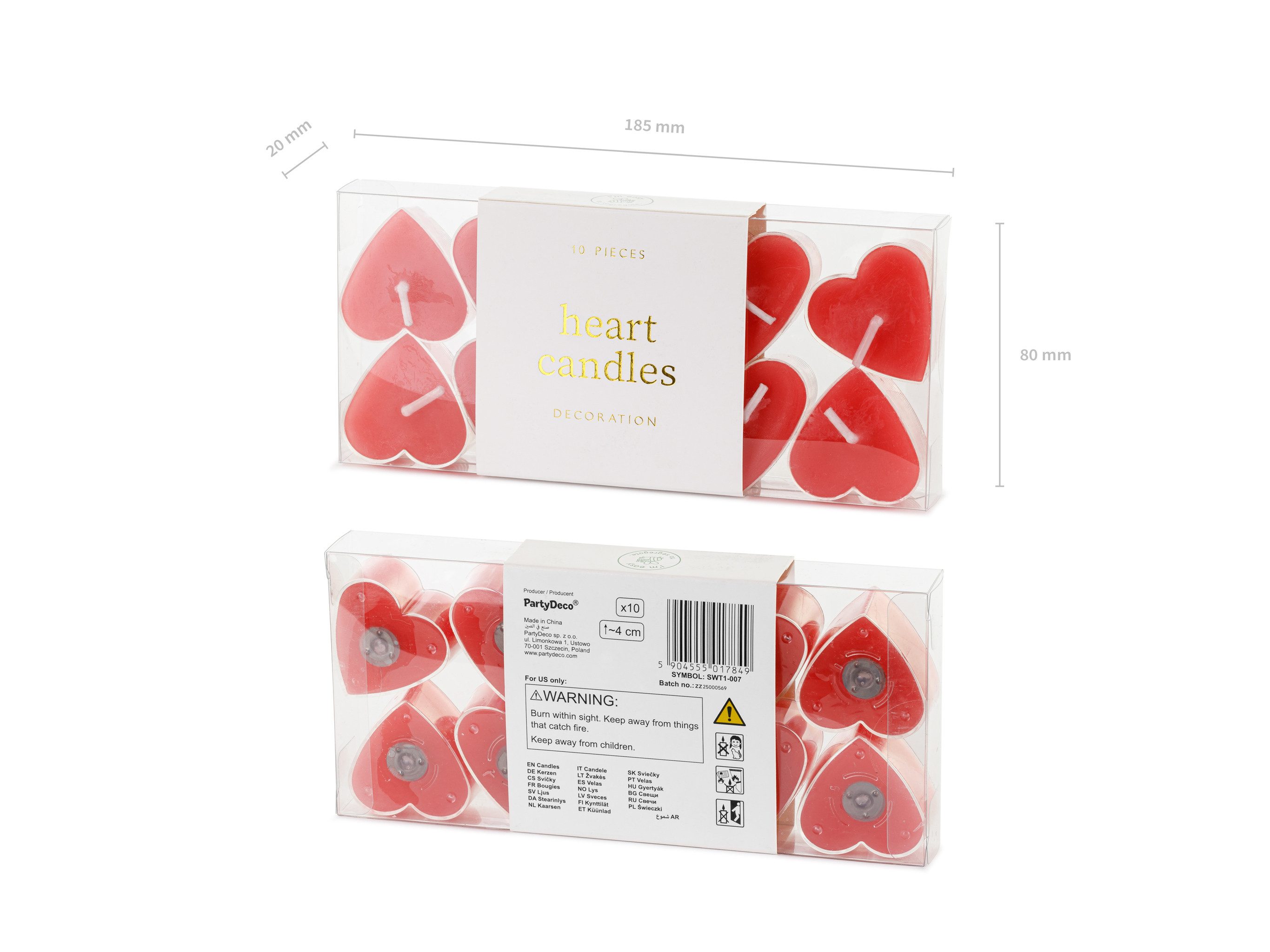 partydeco Teelicht, Teelichter Kerzen Wachs 2x4cm Herzen 10 Stück Rot / Transparent