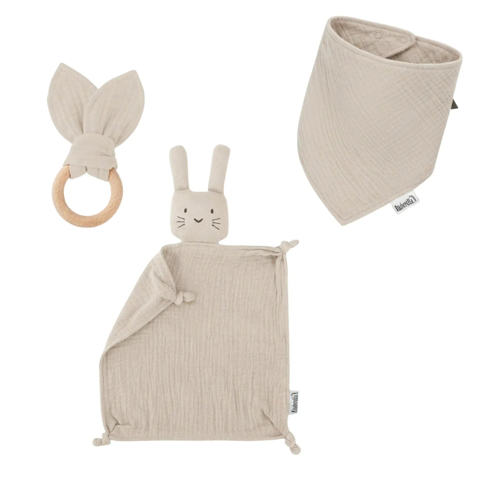 Neugeborenen-Geschenkset Baby Geschenkset Beige – Schmusetuch Hase, Holz-Beißring & Halstuch