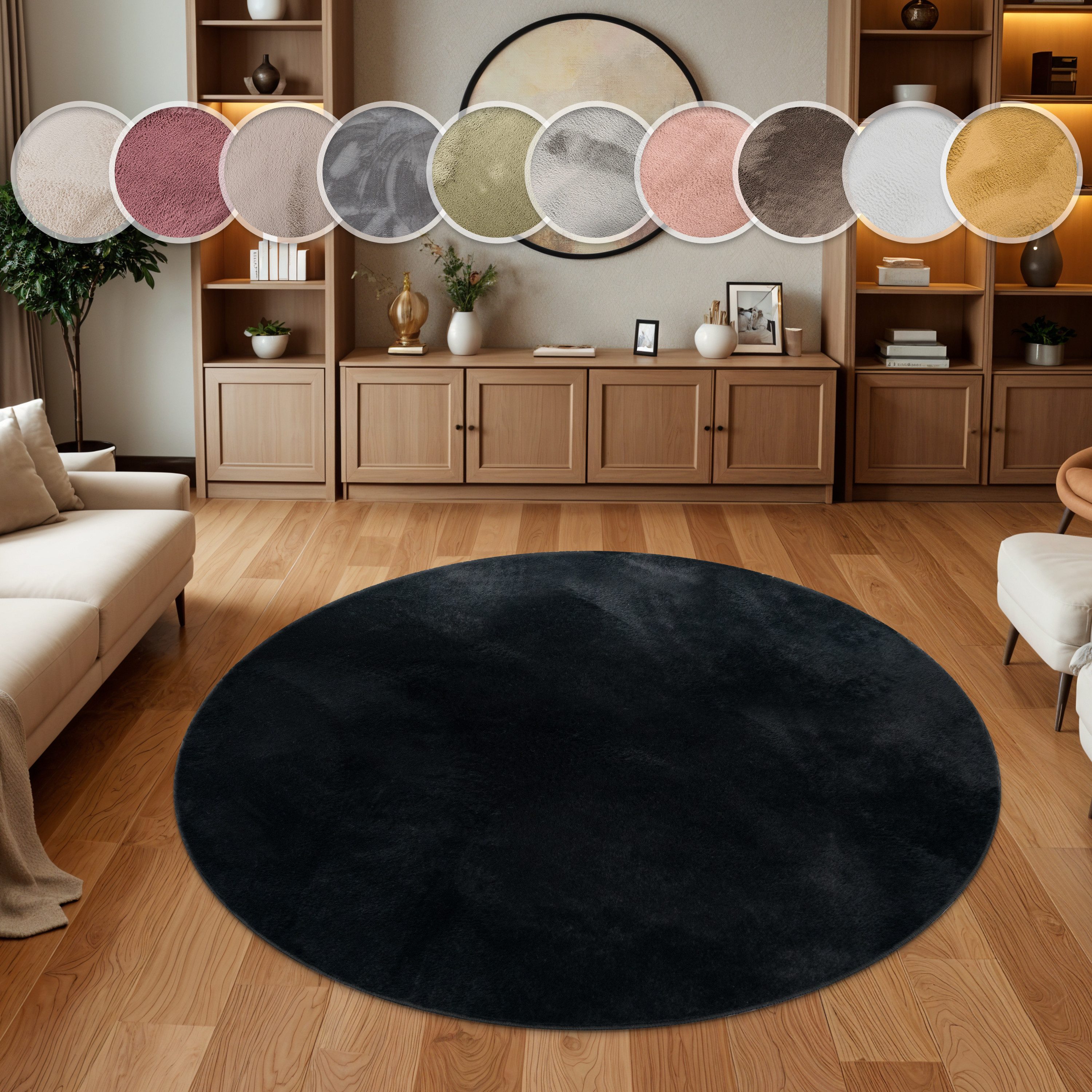 Paco Home Fellteppich Kunstfell Soft 380, rund, Höhe: 14 mm, Langflor, Kuschelteppich - besonders weich, Uni-Farben