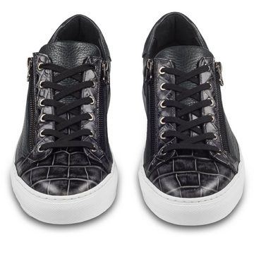 Lorenzi Herren Leder Sneaker schwarz, in Kroko-Optik, mit weißer Sohle Sneaker Handgefertigt in Italien