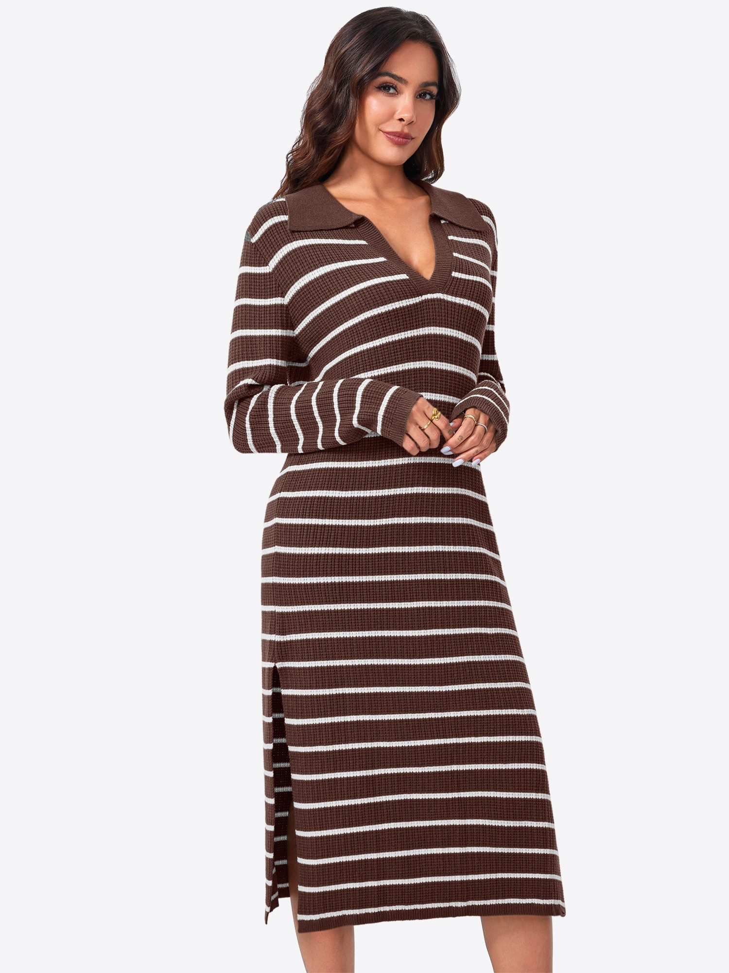 Imily Bela Strickkleid gestreifter, Damen langer Strickpullover (Packung, 1-tlg., 1per-Pack) Reverskragen,Rippstrick