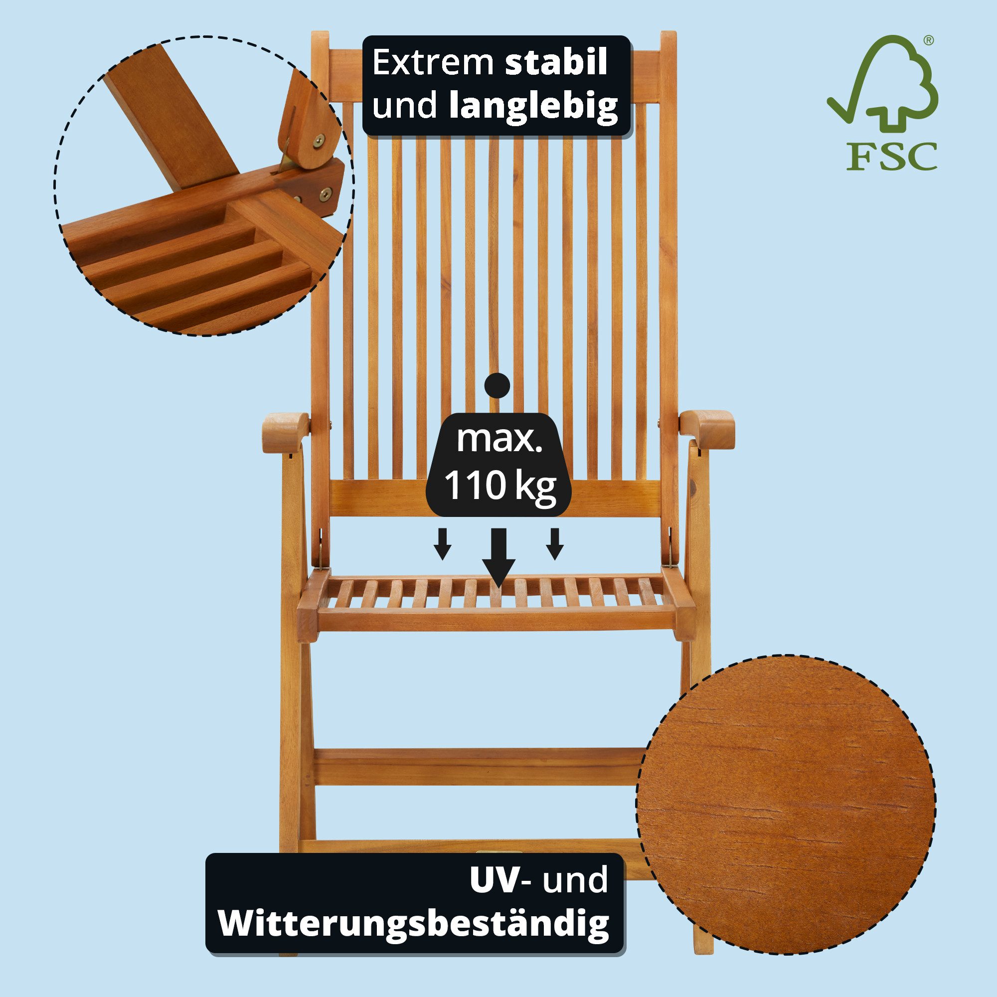 KHG Gartenstuhl Hochlehner mit Armlehnen aus 100% Akazien-Echtholz (klappbar, wetterfest, verstellbare Rückenlehne, 110kg belastbar)
