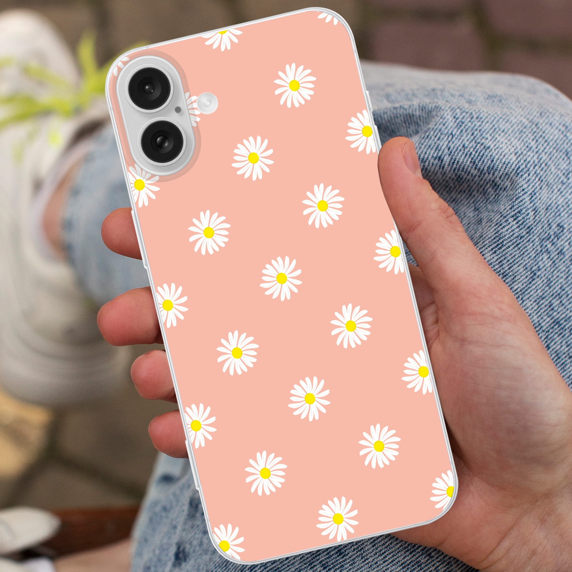 MuchoWow Handyhülle für Apple iPhone 16 Plus Gänseblümchen - Pastell - Weiß - Rosa - Blume, Smartphone-Bumper, Print, Handy Schutzhülle Dünn