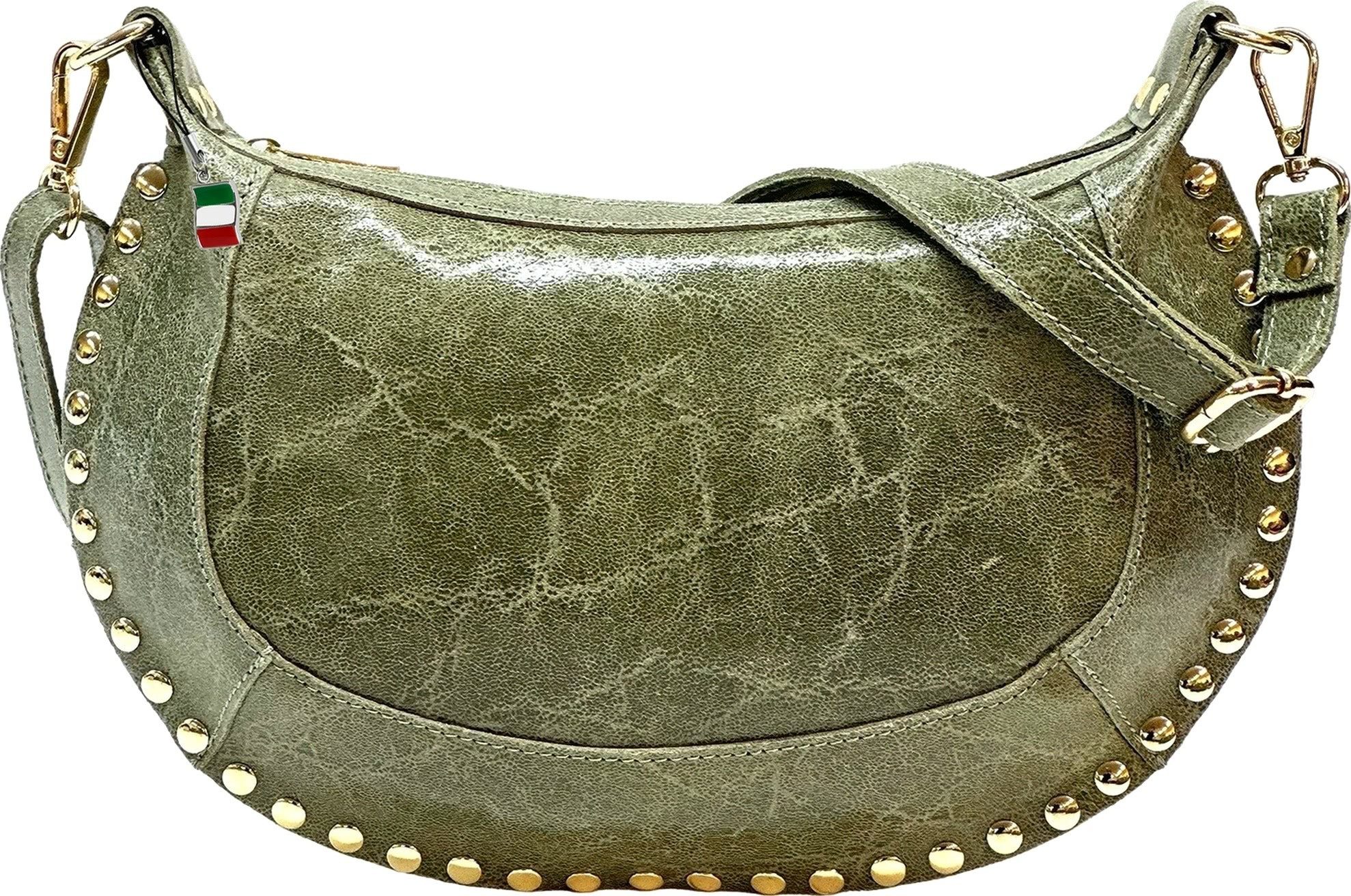 FLORENCE Schultertasche Florence Damen Satteltasche Nieten (Schultertasche), Damen Schultertasche, Umhängetasche Leder, grün ca. 32cm x 20cm hoch