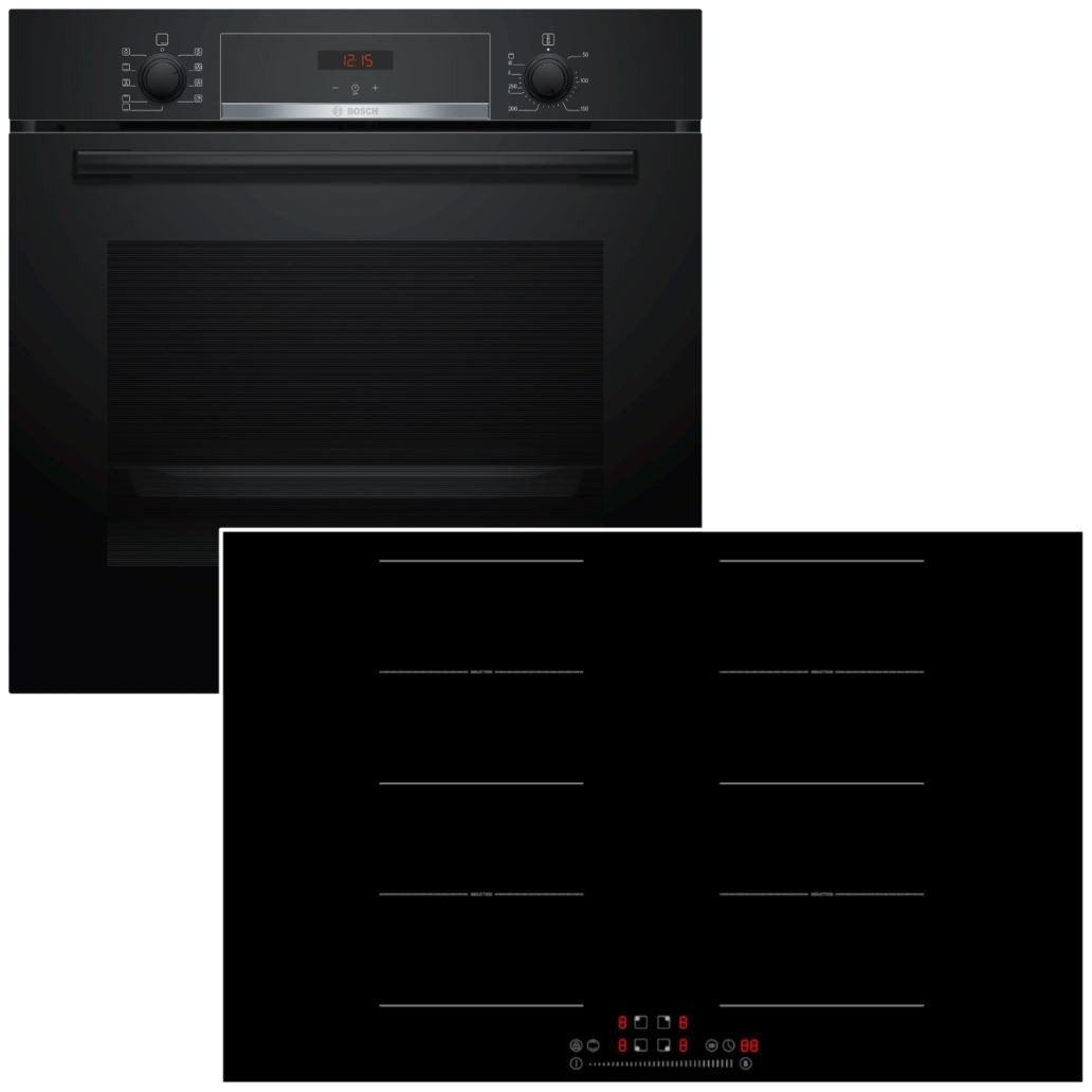 BOSCH Backofen-Set Induktionskochfeld Schwarz 71 Liter Hydrolyse Pizzafunktion Flexzonen, mit 1-fach Teilauszug, Hydrolyse EcoClean Direct