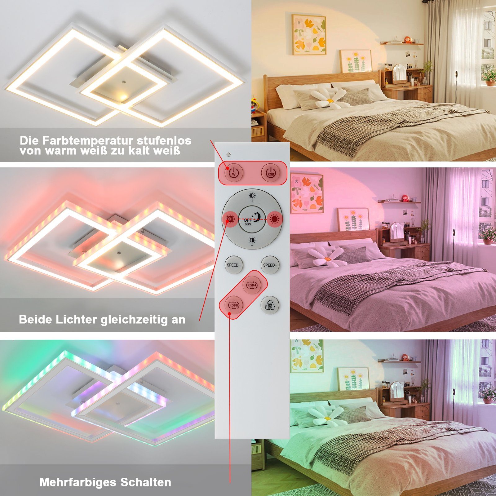 ZMH LED Deckenleuchte Whonzimmer Schlafzimmerlampe Dimmbar mit Fernbedienung RGB, LED fest integriert, RGB, LED fest integriert, RGB