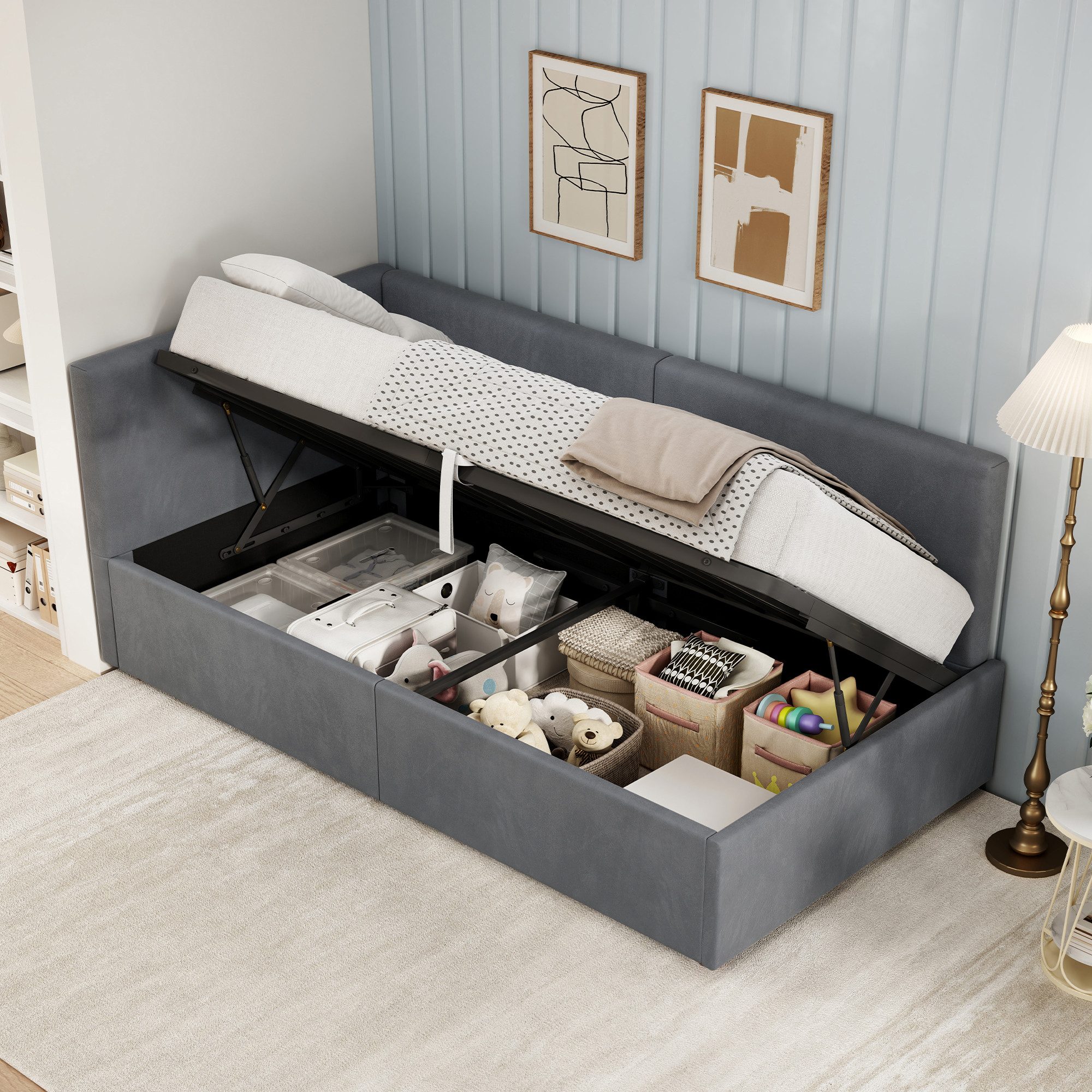 AMERLIFE Daybett mit 2-in-1 Funktion, Gasfeder-Bettkasten & Samtbezug in Cremeweiß (1 tlg), Praktisches 2-in-1 Design