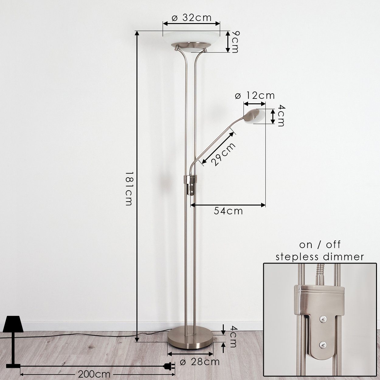 hofstein Stehlampe »Baceno« LED in Gehäuse moderne, Stehleuchte Metall Lumen,Lesearm matt, 3000 dimmbar,3150 Kelvin, An-/Ausschalter, Nickel Bodenlampe aus stufenlos