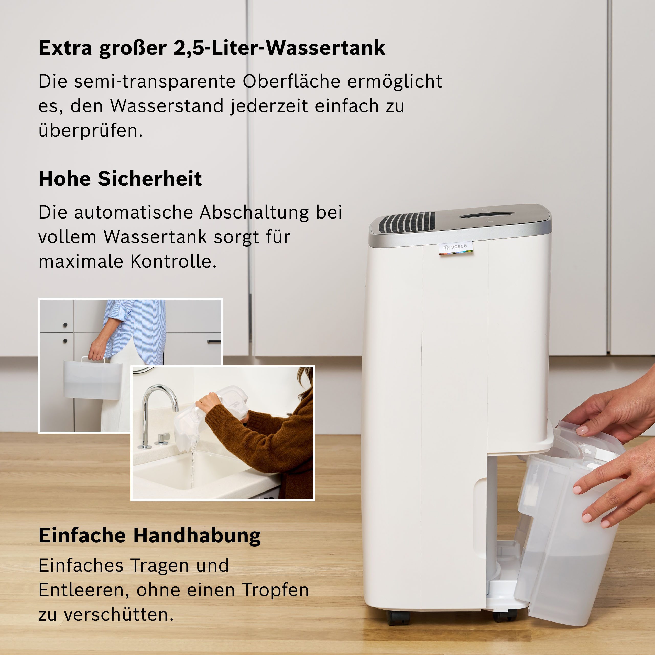 BOSCH Luftentfeuchter Dry 4000 - Ideal für die Wohnung & schnelle Trocknung der Wäsche, Entfeuchtung 16 l/Tag, Tank 2,5 l, Ultra-leiser Betrieb, nur 38 dB(A) – Bild 5 von 5