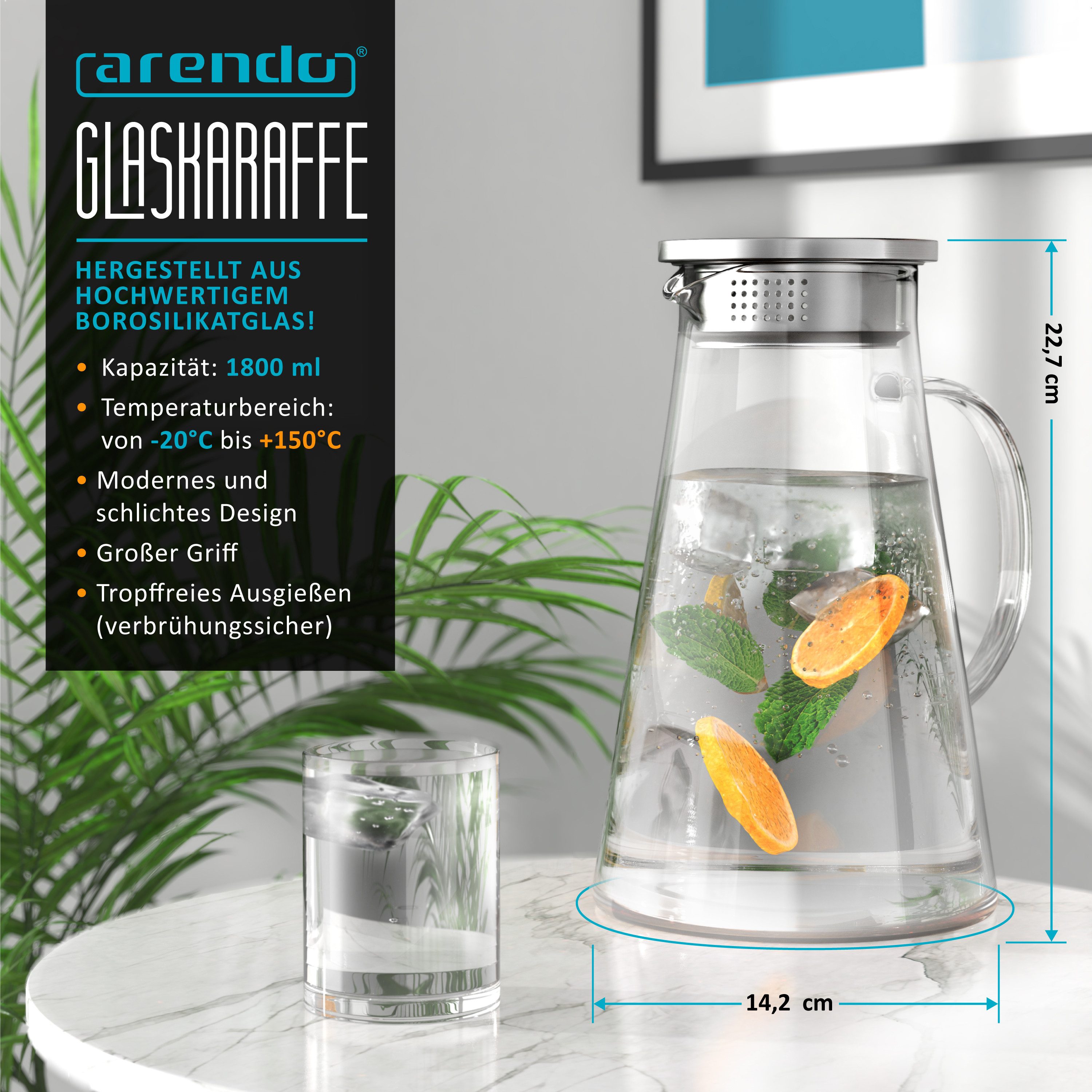 Arendo Karaffe Glaskaraffe 1,9 Liter mit Deckel aus lebensmittelechtem Edelstahl, Borosilikatglas, 1900 ml, Sieb, hitze- und kältebeständig, BPA-frei