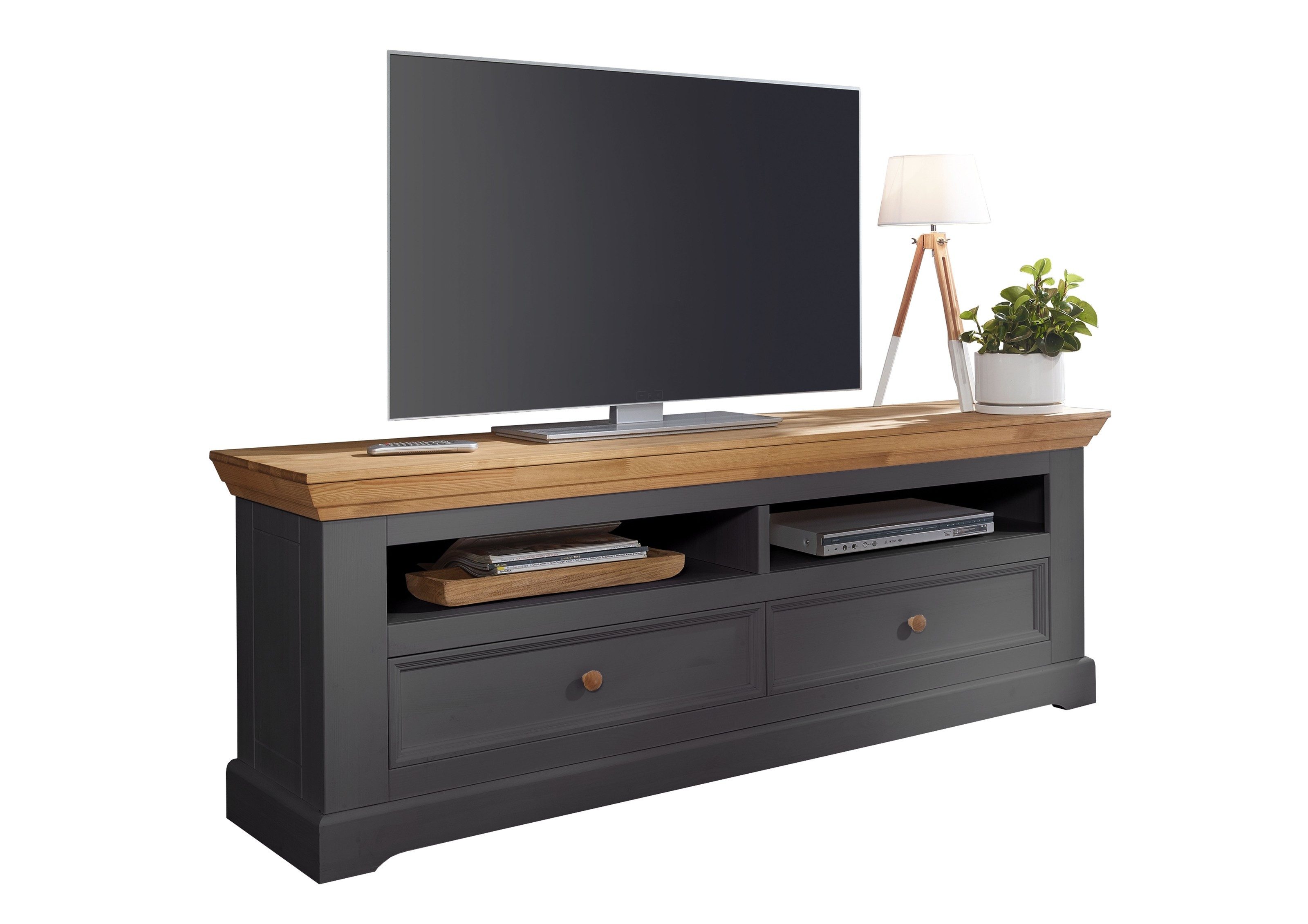 G+K Möbelvertriebs GmbH Lowboard aus Kiefer massiv in grau mit 2 Schubladen und 2 Fächern (BxHxT: 169x63x42 cm)