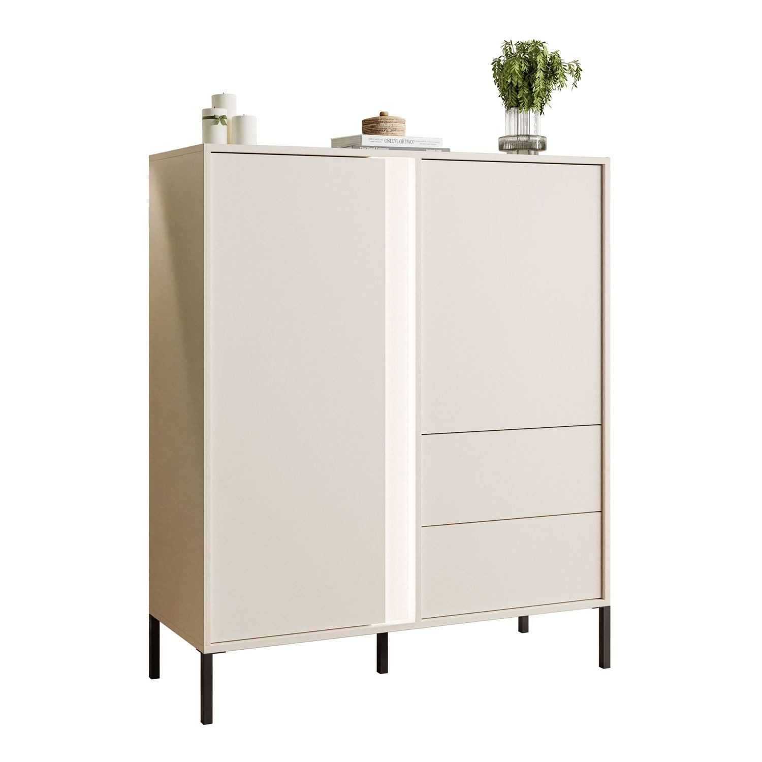 Lookway Hochkommode DELLE Beige Kommode Anrichte aus Metallbeine und LED Beleuchtung, Breite: 103 cm