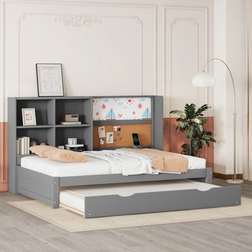 MODFU Kinderbett Stauraumbett (mit ausziehbarem Bett, usb-Ladeanschluss, mit Zeichenbrett, Staufächer 90*200cm), ohne Matratze