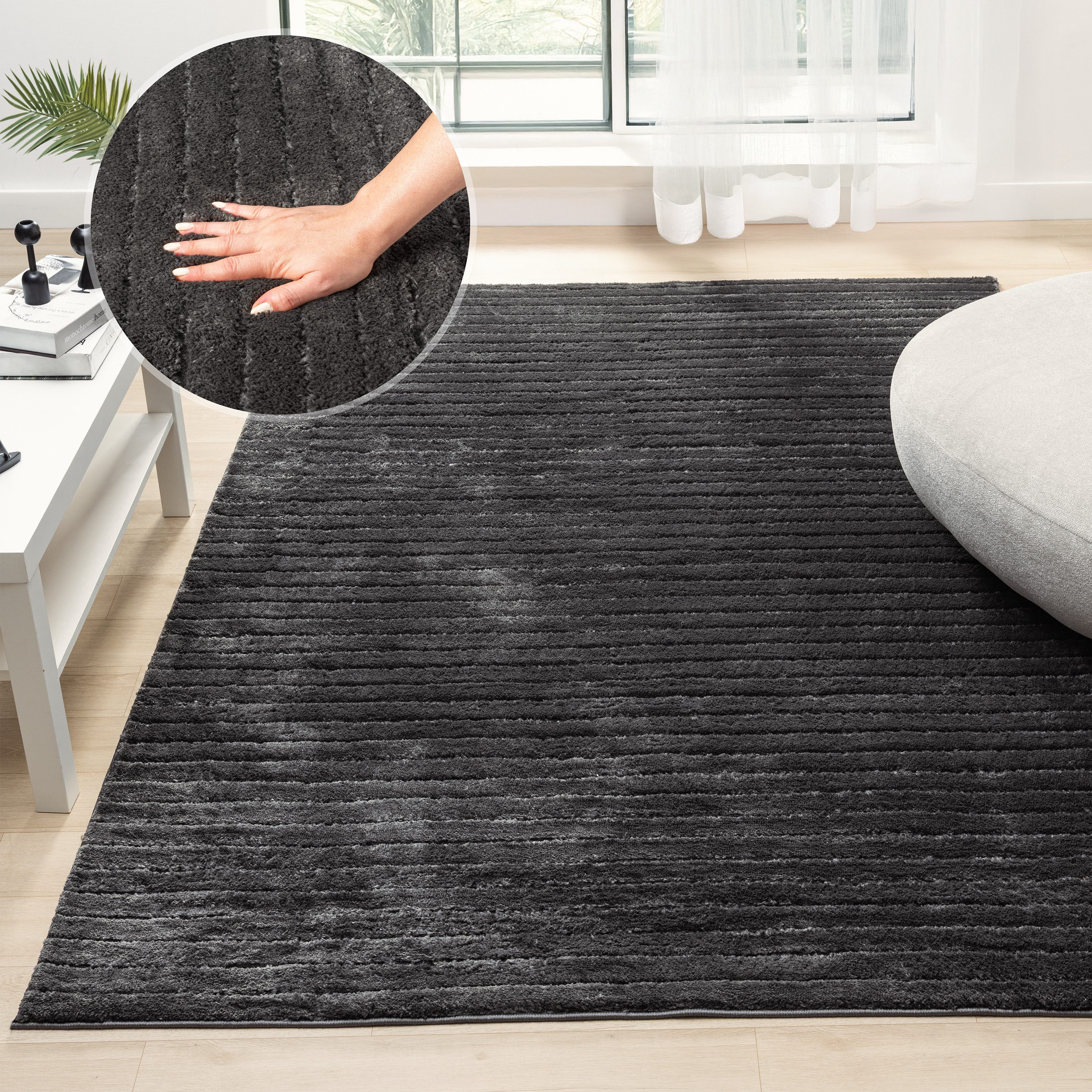 LeGer Home by Lena Gercke Teppich Selma, rechteckig, Höhe: 19 mm, Hoch-Tief-Struktur, Streifen Design, weich, Wohnzimmer, Schlafzimmer