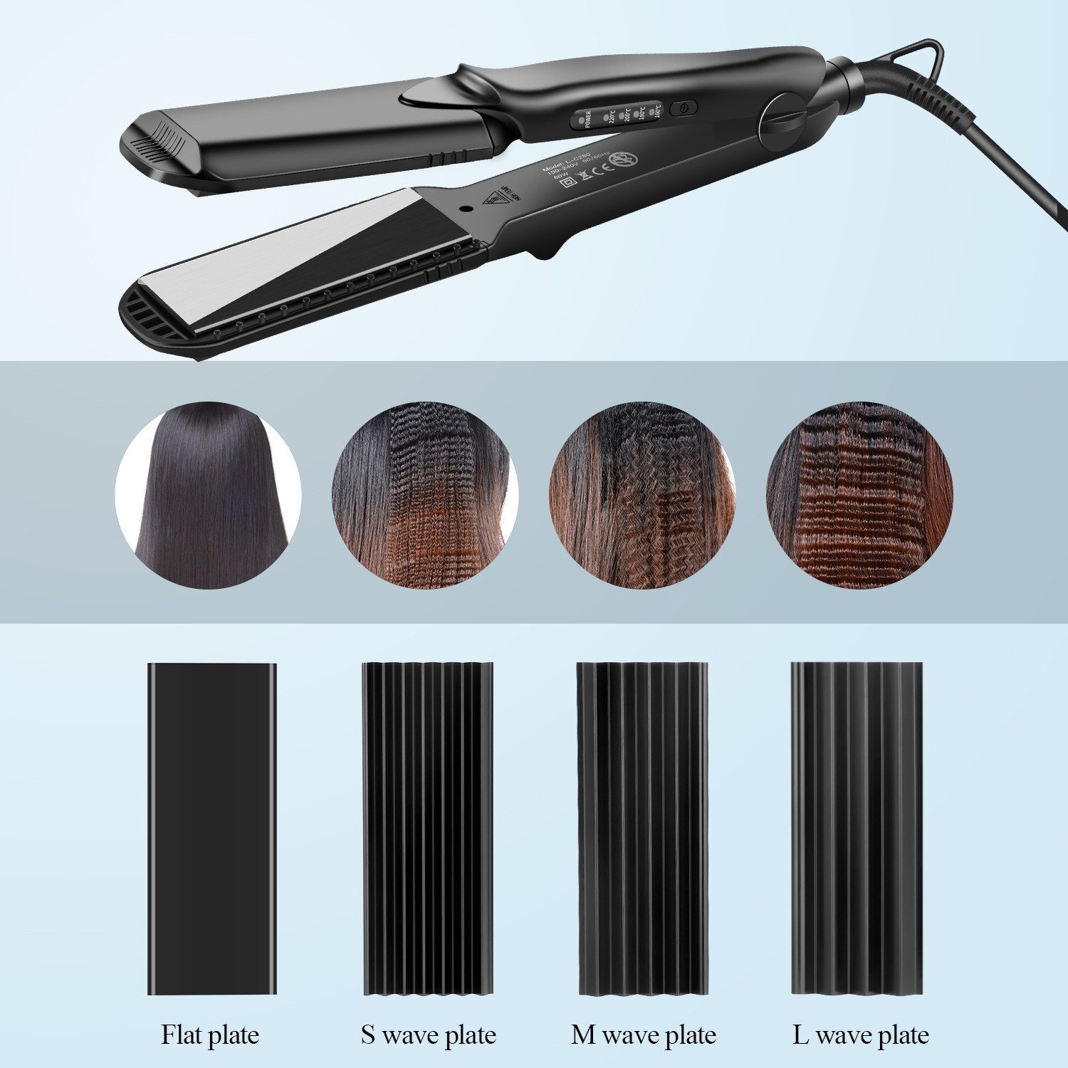 CkeyiN Pro Welleneisen Glätteisen Kreppeisen, 4-in-1-Haarglätter,Kreppeisen für Haare Keramik-Turmalin-Beschichtung, Austauschbaren Platten, 30 Sekunden Aufwärmen
