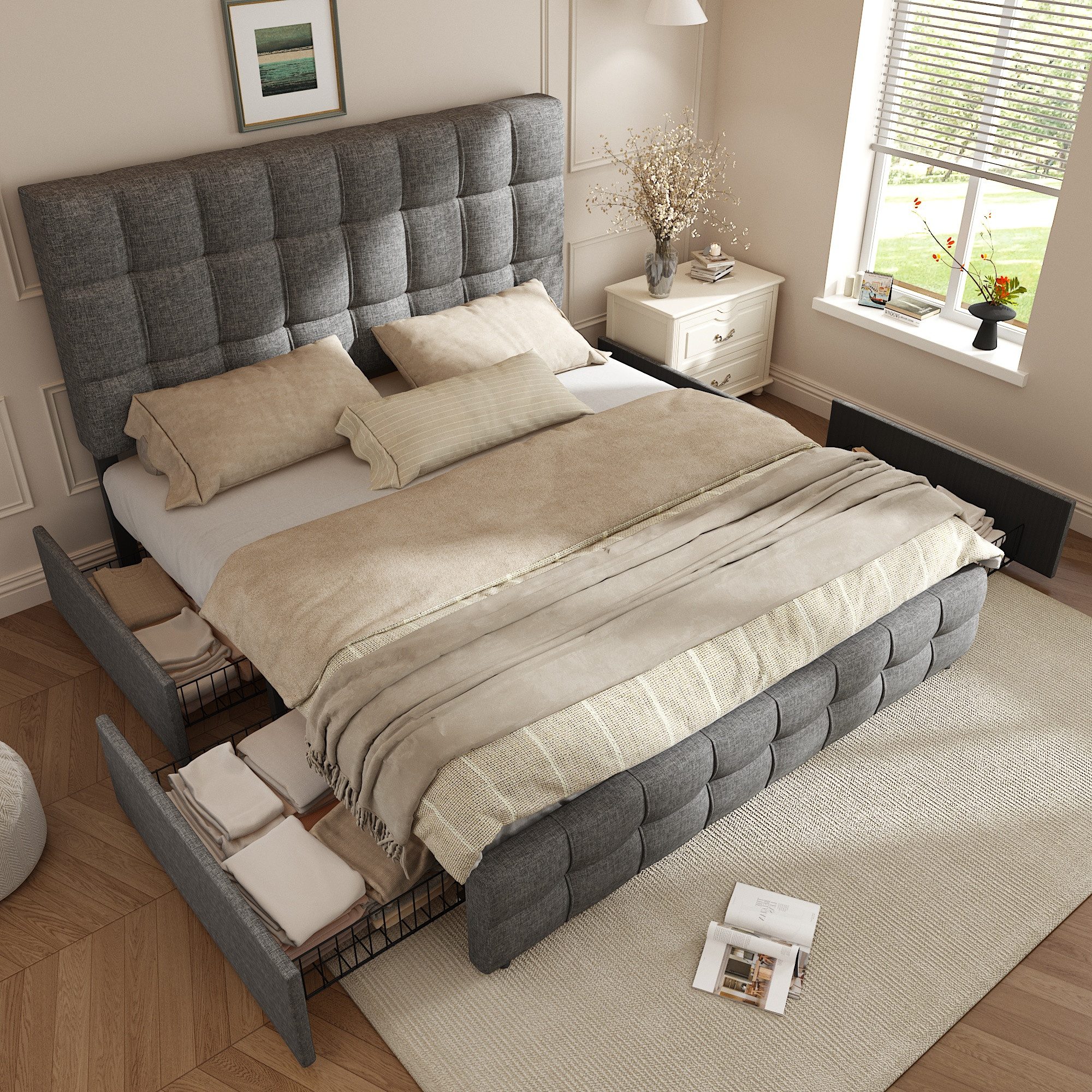 Flieks Polsterbett, Stauraumbett Doppelbett Leinen ohne Matratze 140x200cm