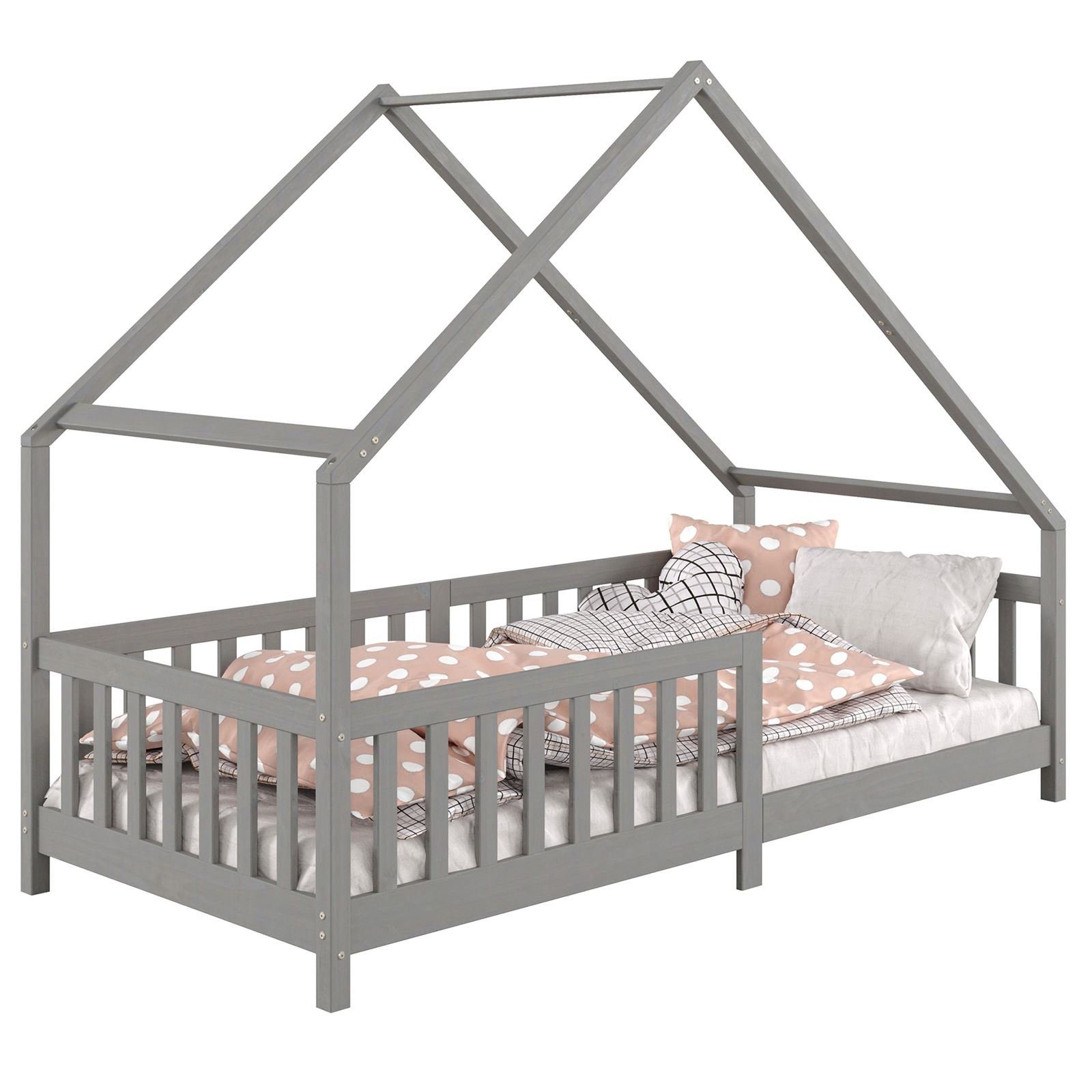 IDIMEX ma CORA, Hausbett Montessoribett 200 x 90 Kiefer mit Kinderbett grau Tipibett Rausfallschutz