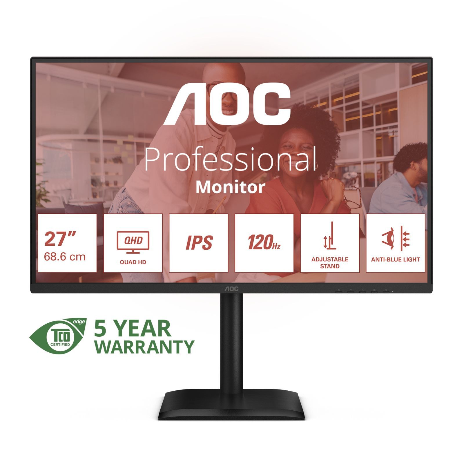 AOC Q27E4U - 27 Zoll QHD, Lautsprecher, höhenverstellbar, Adaptive Sync (2 TFT-Monitor (2560 x 1440 px, Quad HD, 4 ms Reaktionszeit, 120 Hz, IPS, Lautsprecher, Kopfhörerbuchse, Pivot, Höhenverstellbar)