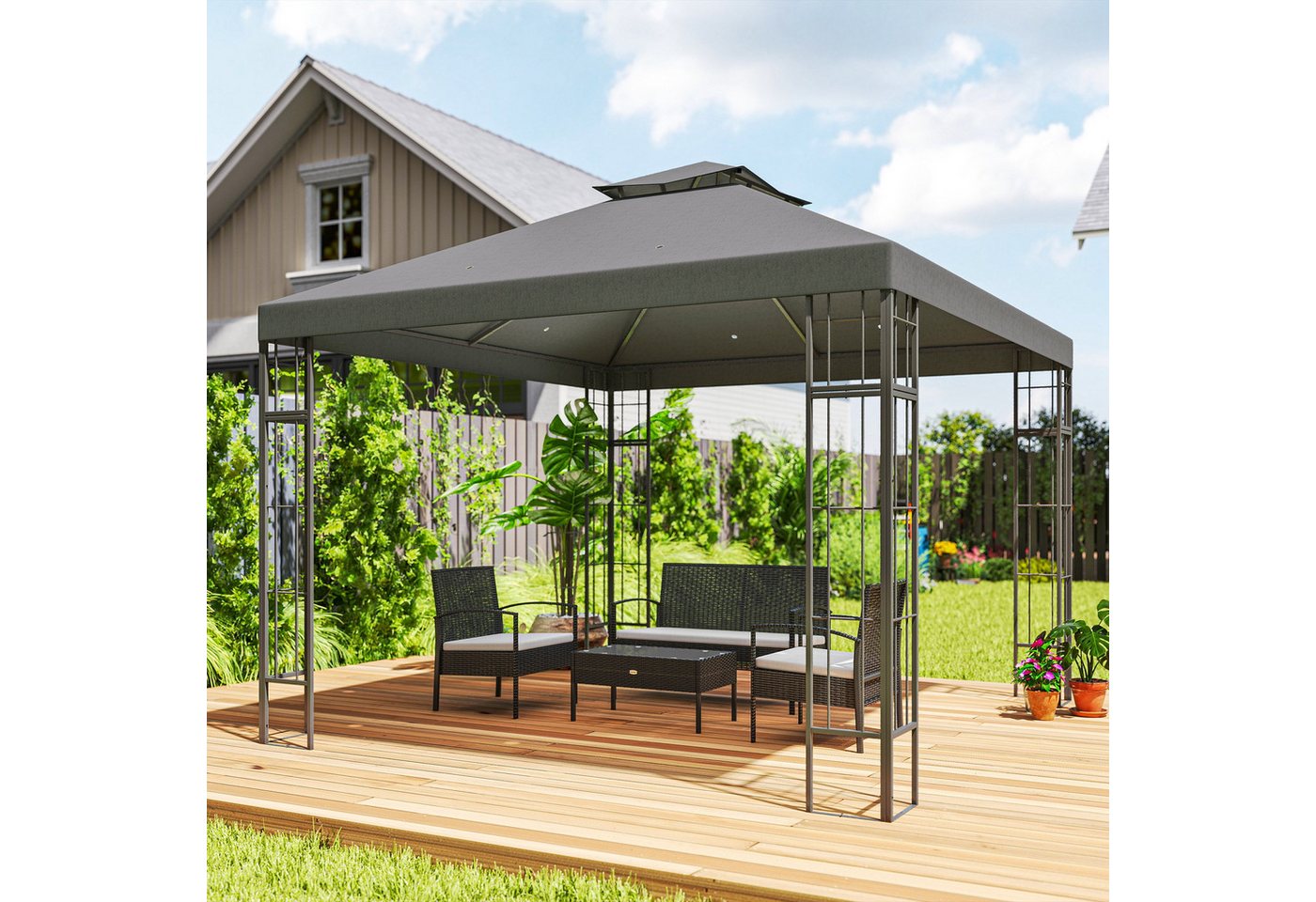 Thumbnail - Outsunny Pavillon mit Doppeldach, ca. 3x3 m, wasserabweisend, UV-beständig, mit 0 Seitenteilen, (Garten-Pavillon aus Met...