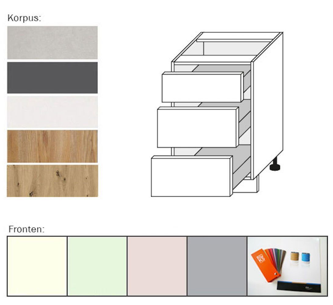 Korpusfarbe Pescara Grigio 50cm 0241 Front- und Schubladen (Pescara) scuro Feldmann-Wohnen Unterschrank mit azzurro 3 wählbar (Teilauszug)