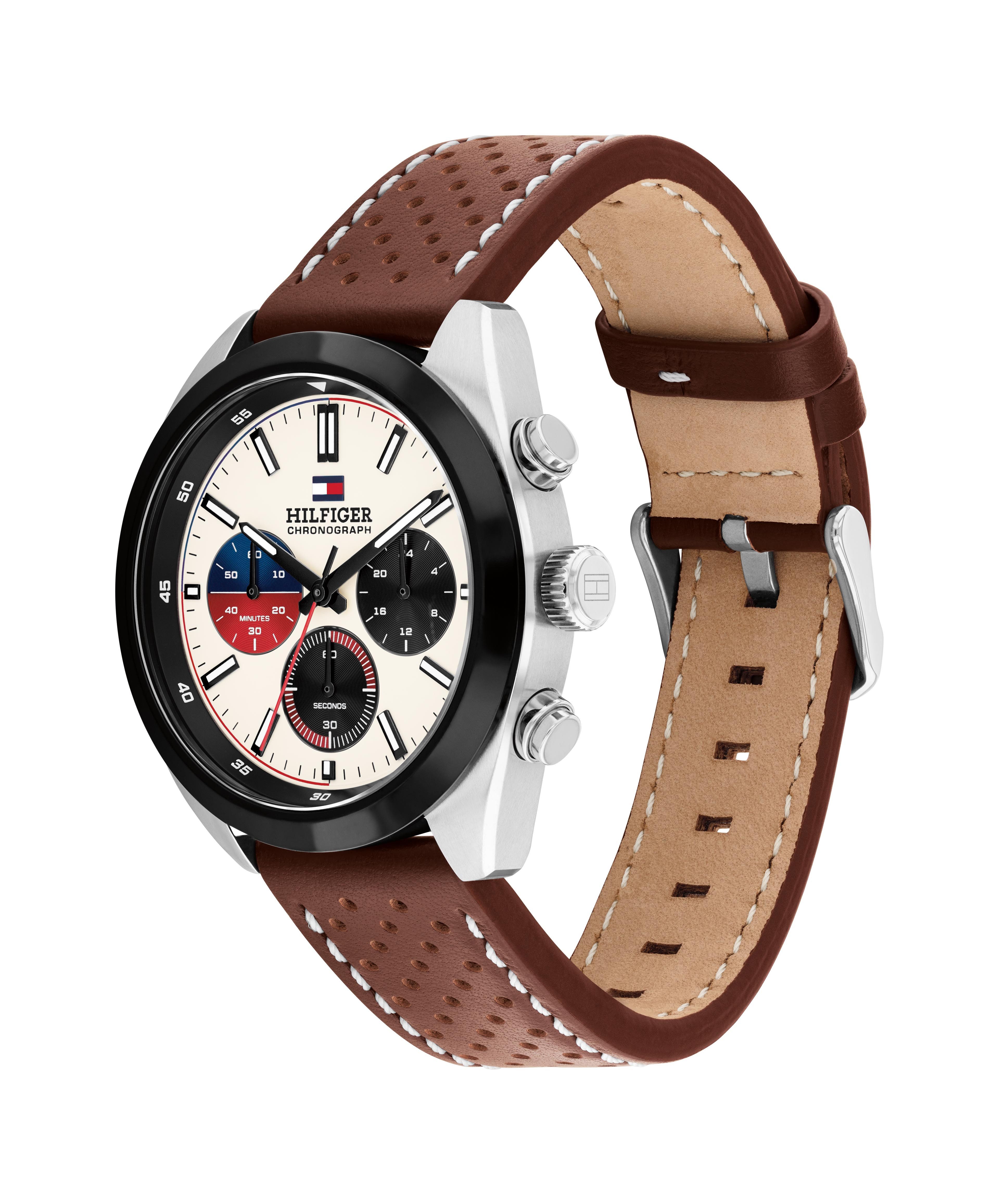 Tommy Hilfiger Chronograph Hudson 1710765, Quarzuhr, Armbanduhr, Herrenuhr, Lederarmband, analog, Stoppfunktion