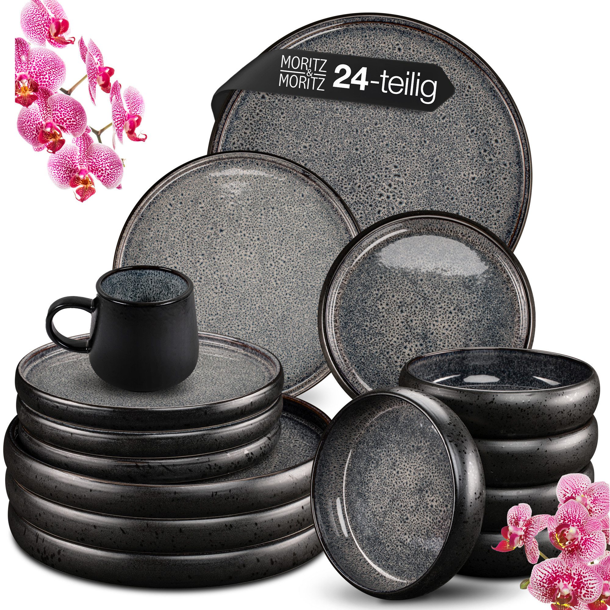 Moritz & Moritz Tafelservice SOLID 24tlg Geschirrset mit Tasse Grau (24-tlg), 6 Personen, Steinzeug, Kombigeschirr für 6 Personen